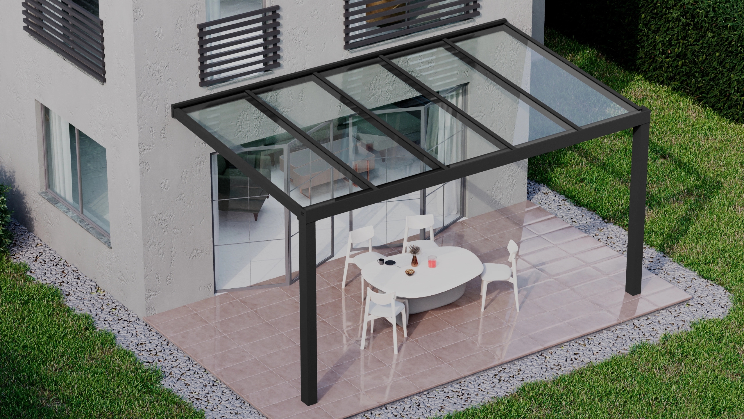 Terrasoverkapping 5,06m x 3m Zwart RAL 9005 met VSG helder glas 8mm