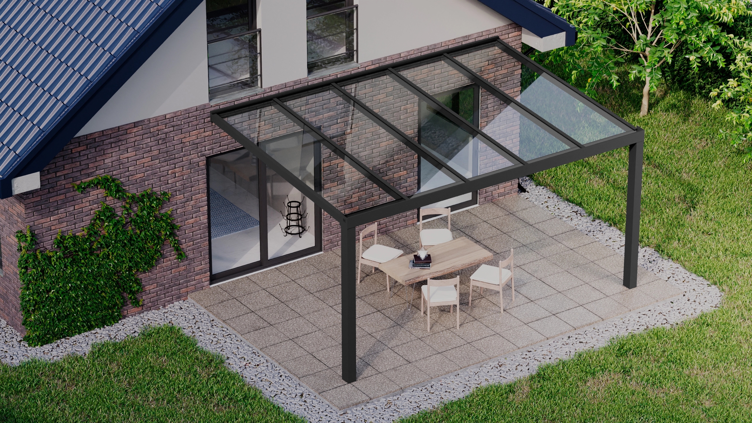 Terrasoverkapping 5,06m x 3,5m Zwart RAL 9005 met VSG helder glas 8mm