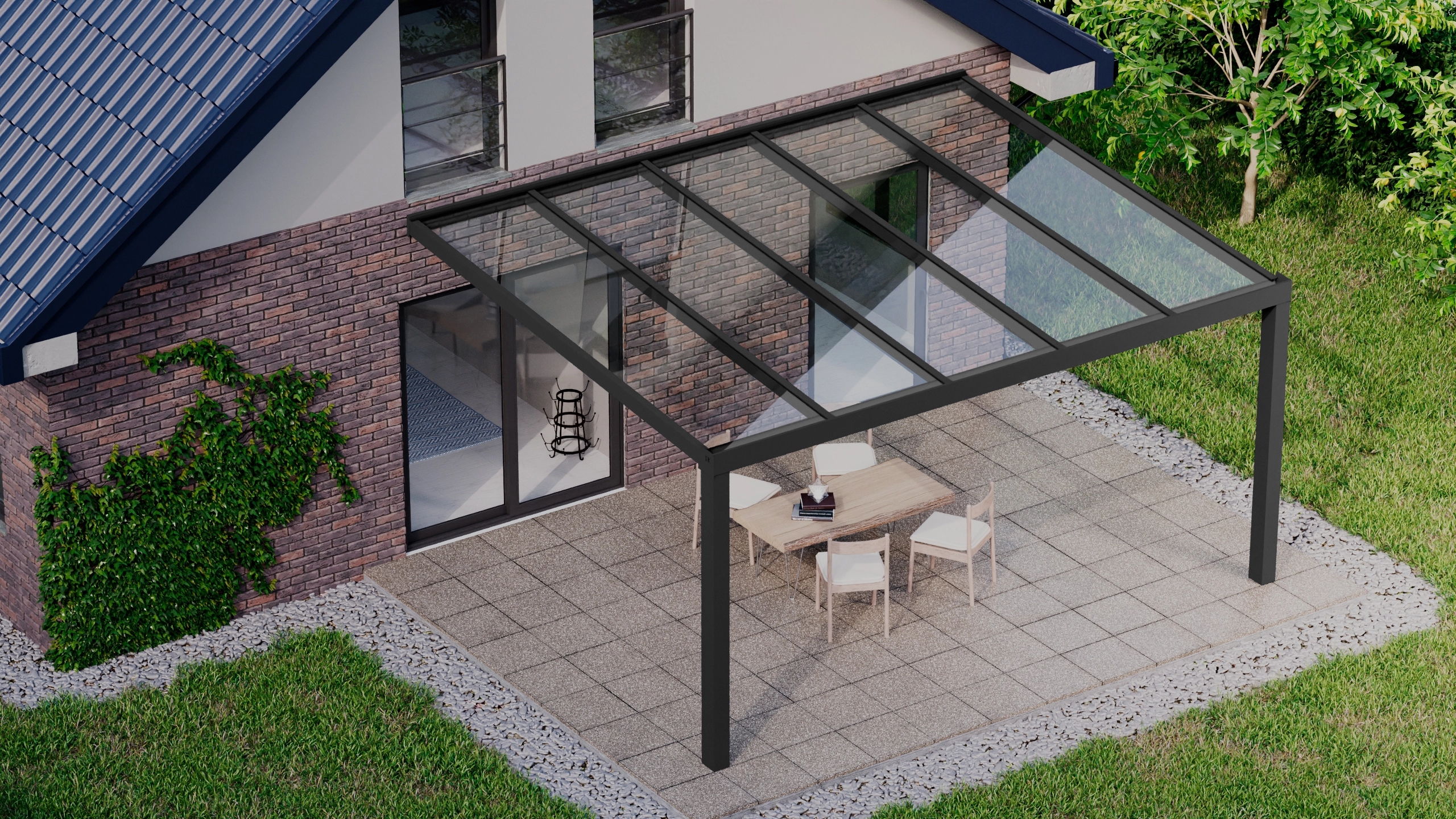 Terrasoverkapping 5,06m x 4m Zwart RAL 9005 met VSG helder glas 8mm