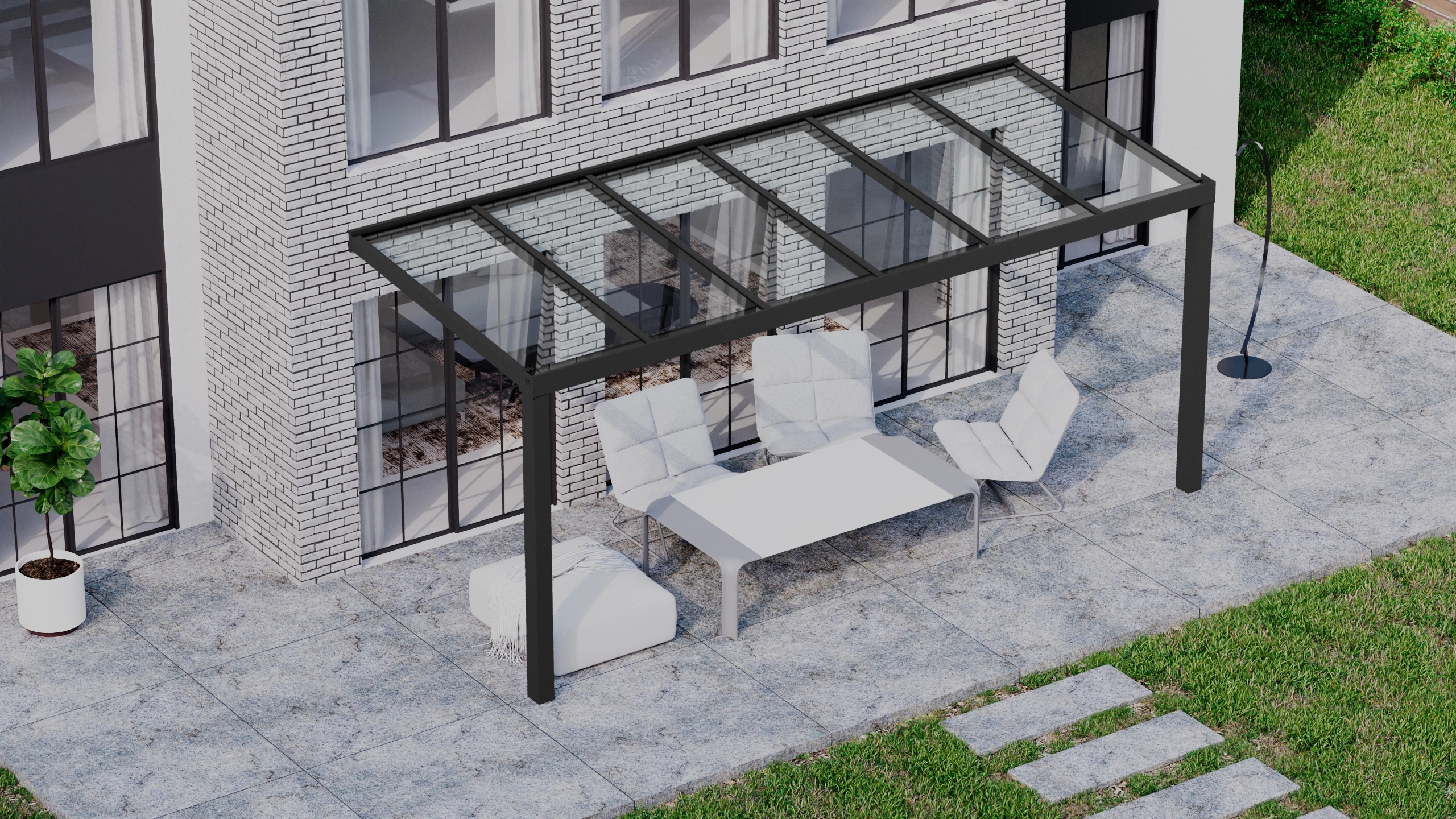 Terrasoverkapping 6,06m x 2,5m Zwart RAL 9005 met VSG helder glas 8mm
