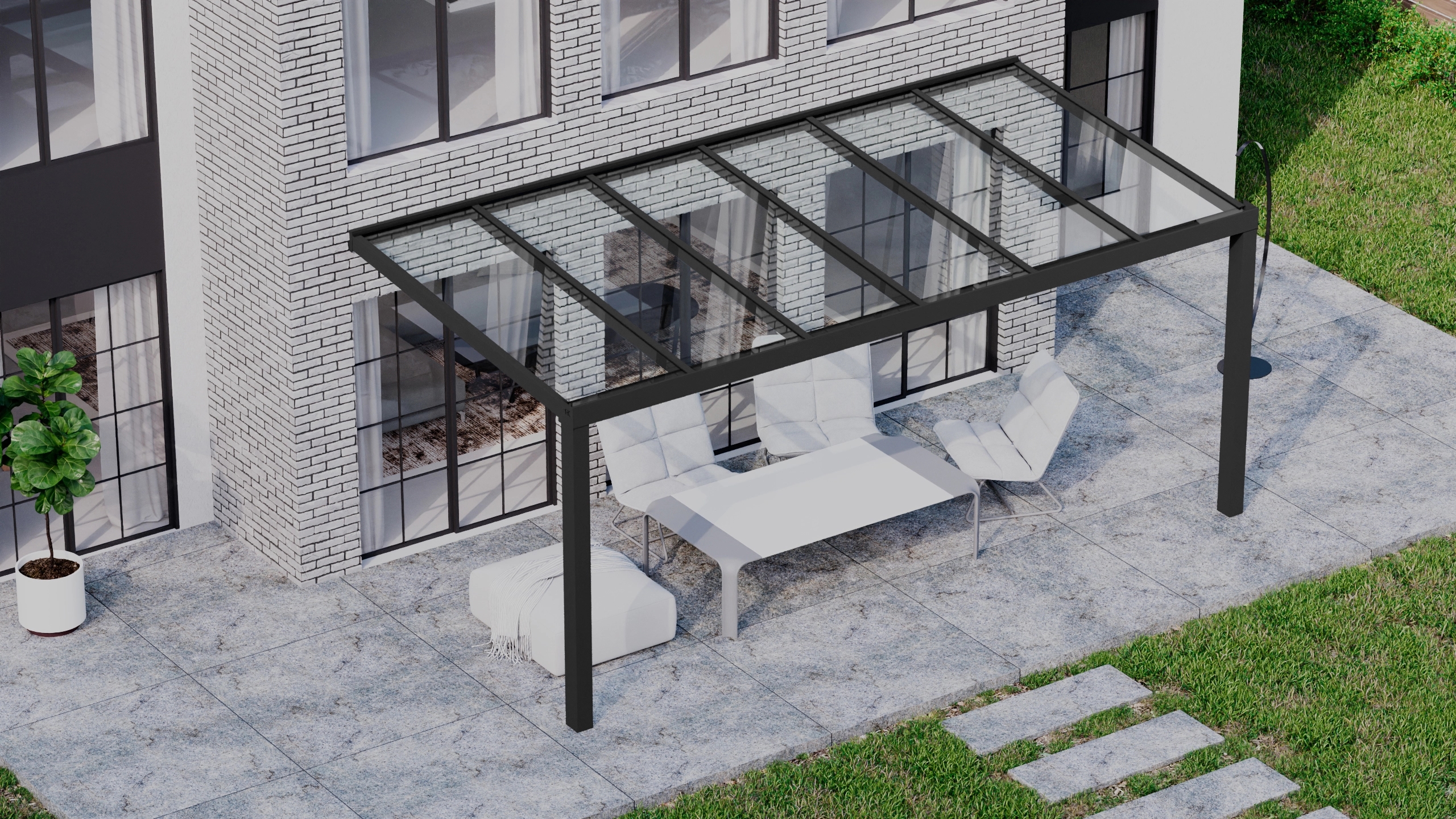 Terrasoverkapping 6,06m x 3m Zwart RAL 9005 met VSG helder glas 8mm