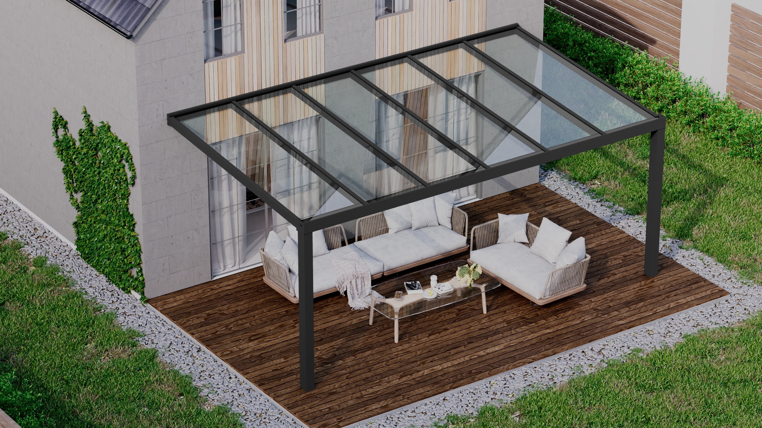 Terrasoverkapping 6,06m x 3,5m Zwart RAL 9005 met VSG helder glas 8mm