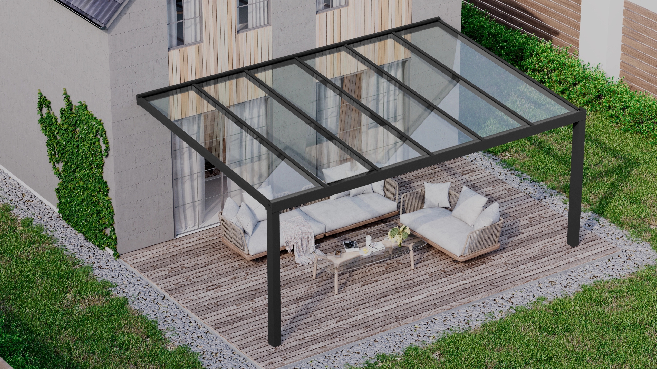 Terrasoverkapping 6,06m x 4m Zwart RAL 9005 met VSG helder glas 8mm