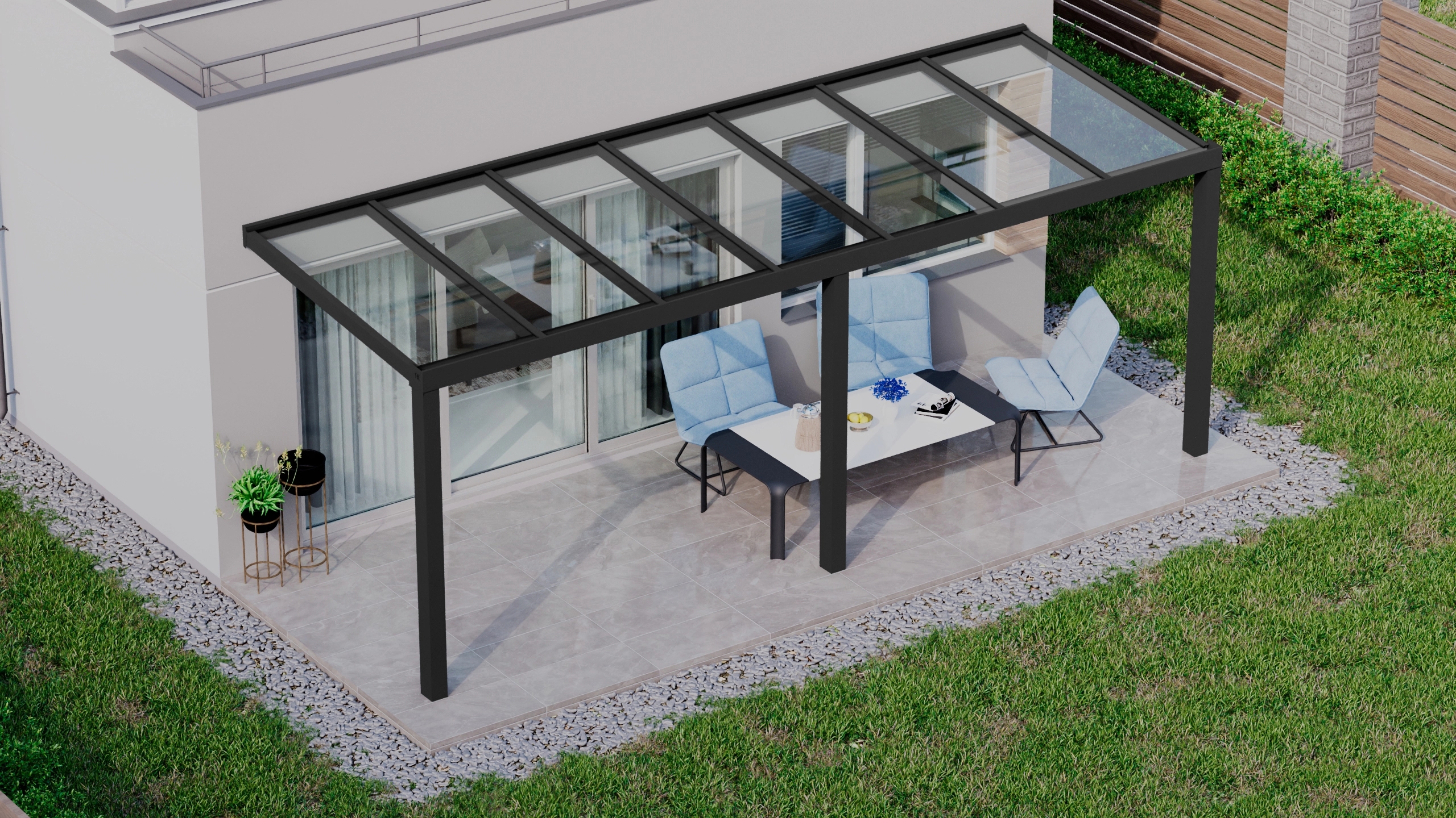 Terrasoverkapping 7,06m x 2,5m Zwart RAL 9005 met VSG helder glas 8mm