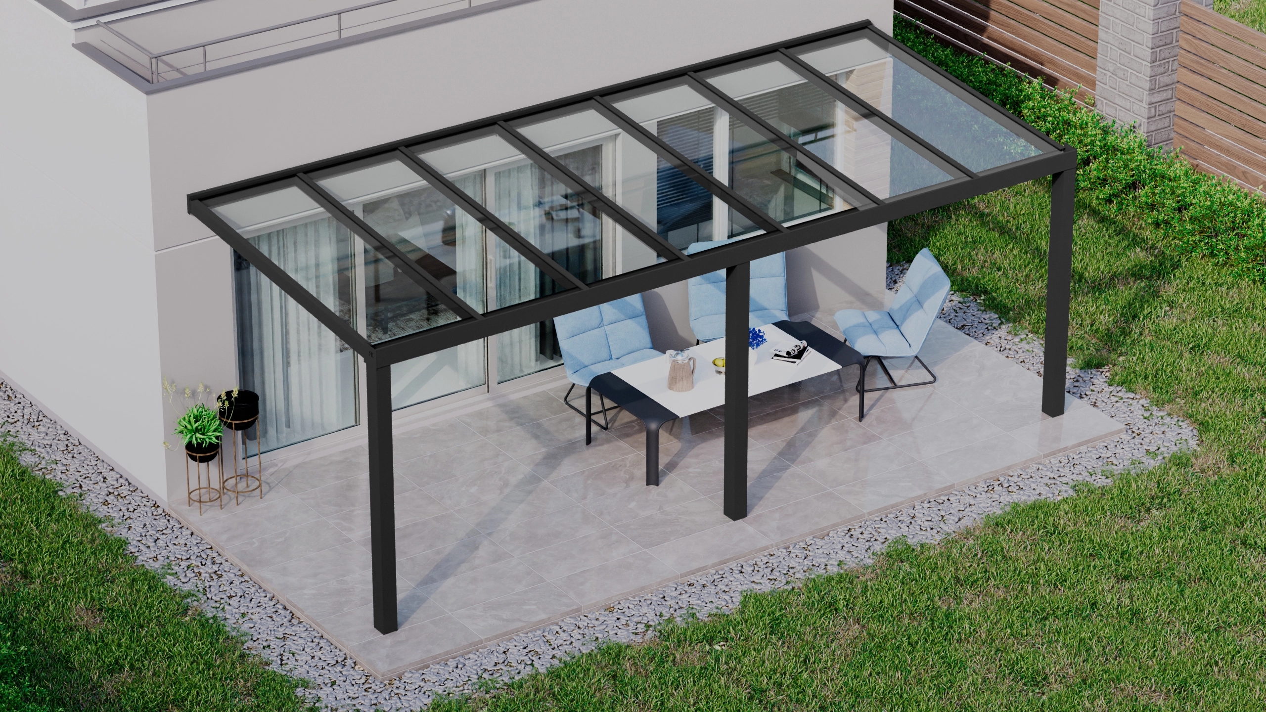 Terrasoverkapping 7,06m x 3m Zwart RAL 9005 met VSG helder glas 8mm