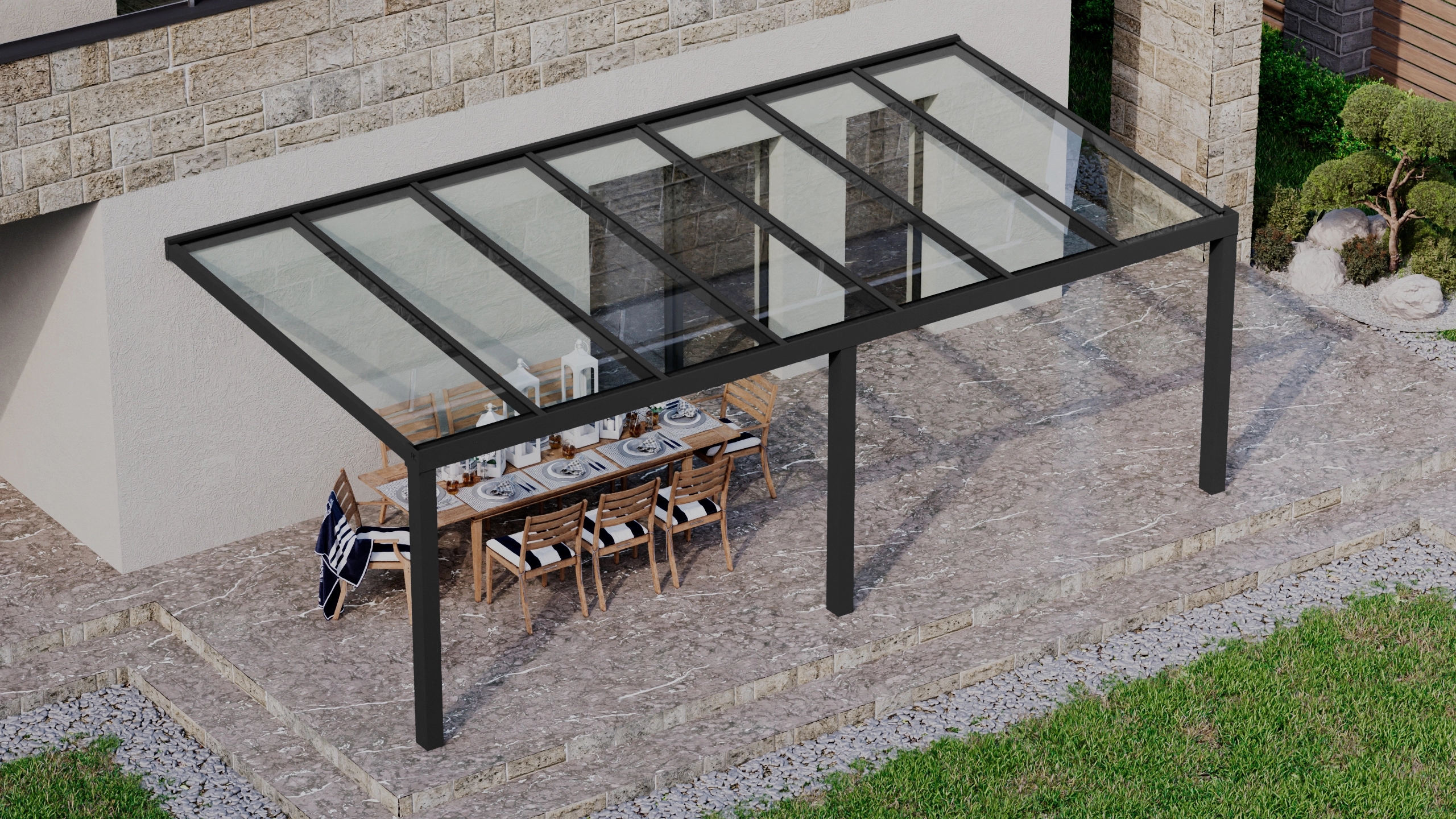 Terrasoverkapping 7,06m x 3,5m Zwart RAL 9005 met VSG helder glas 8mm