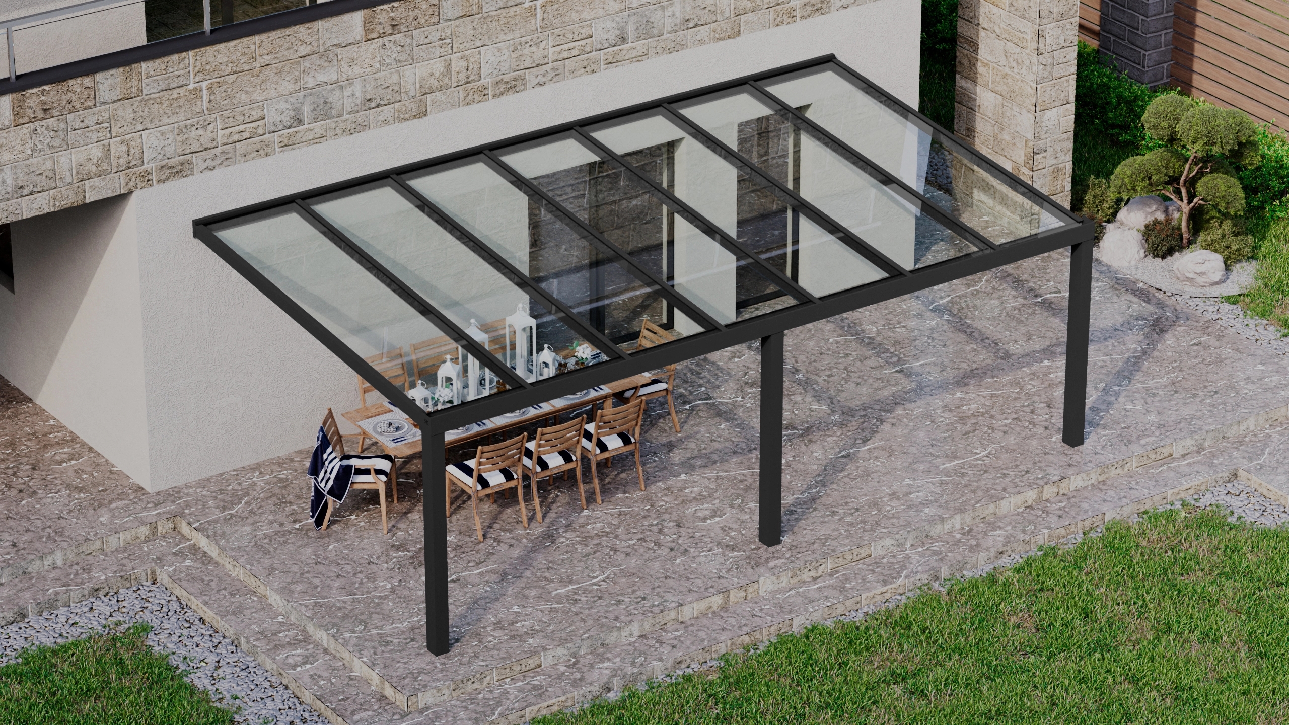 Terrasoverkapping 7,06m x 4m Zwart RAL 9005 met VSG helder glas 8mm