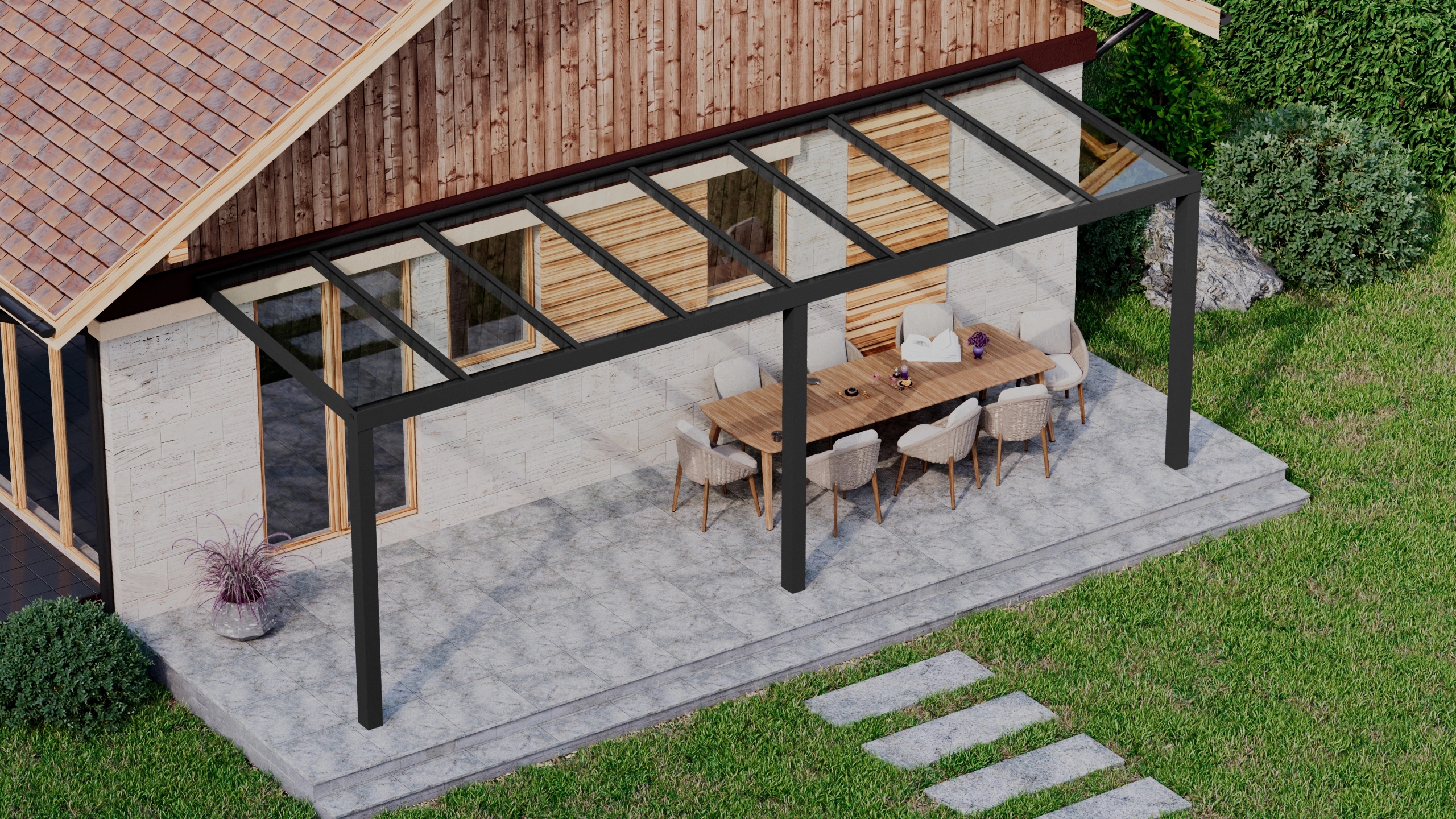 Terrasoverkapping 8,06m x 2,5m Zwart RAL 9005 met VSG helder glas 8mm