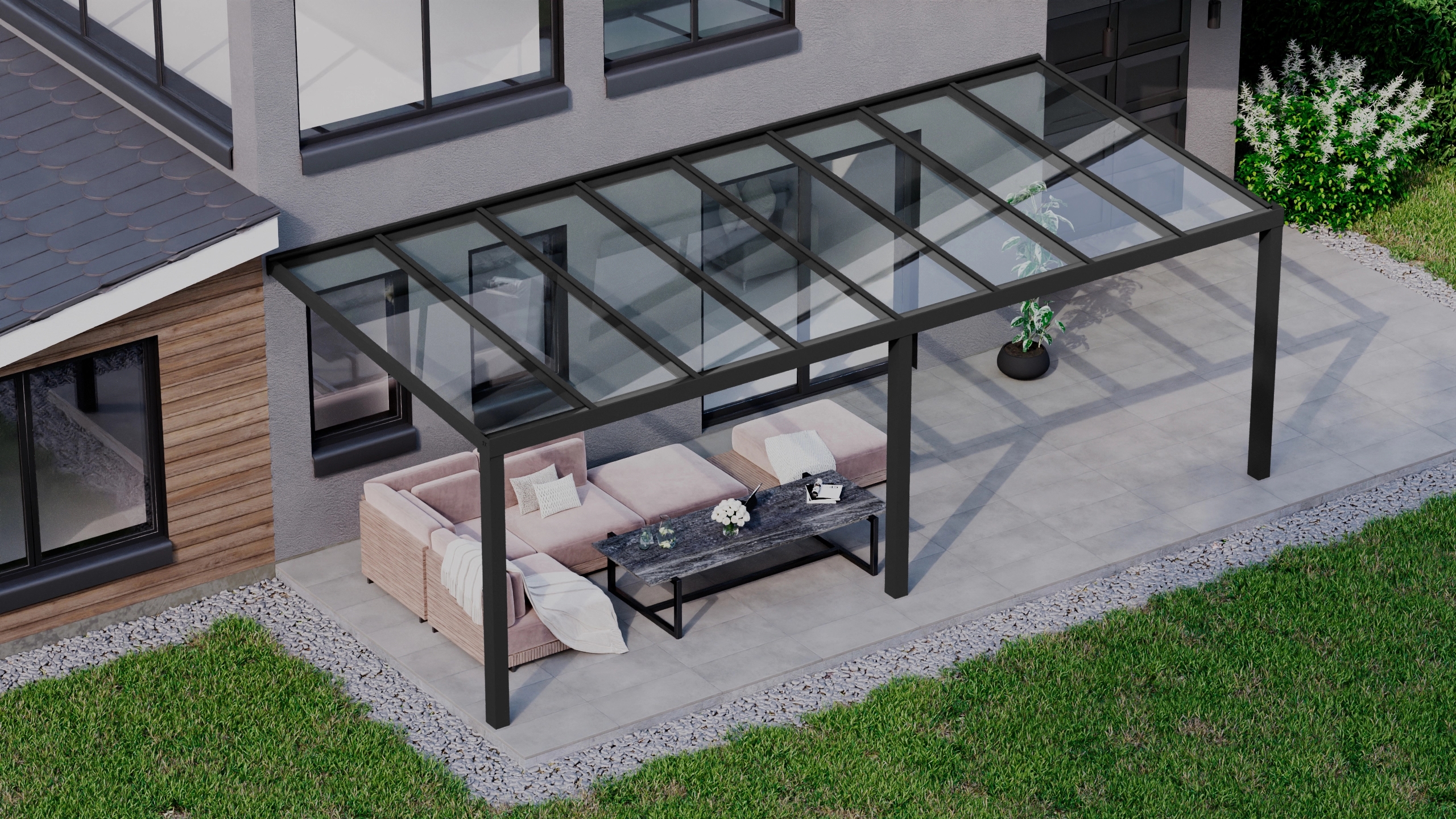 Terrasoverkapping 8,06m x 3,5m Zwart RAL 9005 met VSG helder glas 8mm