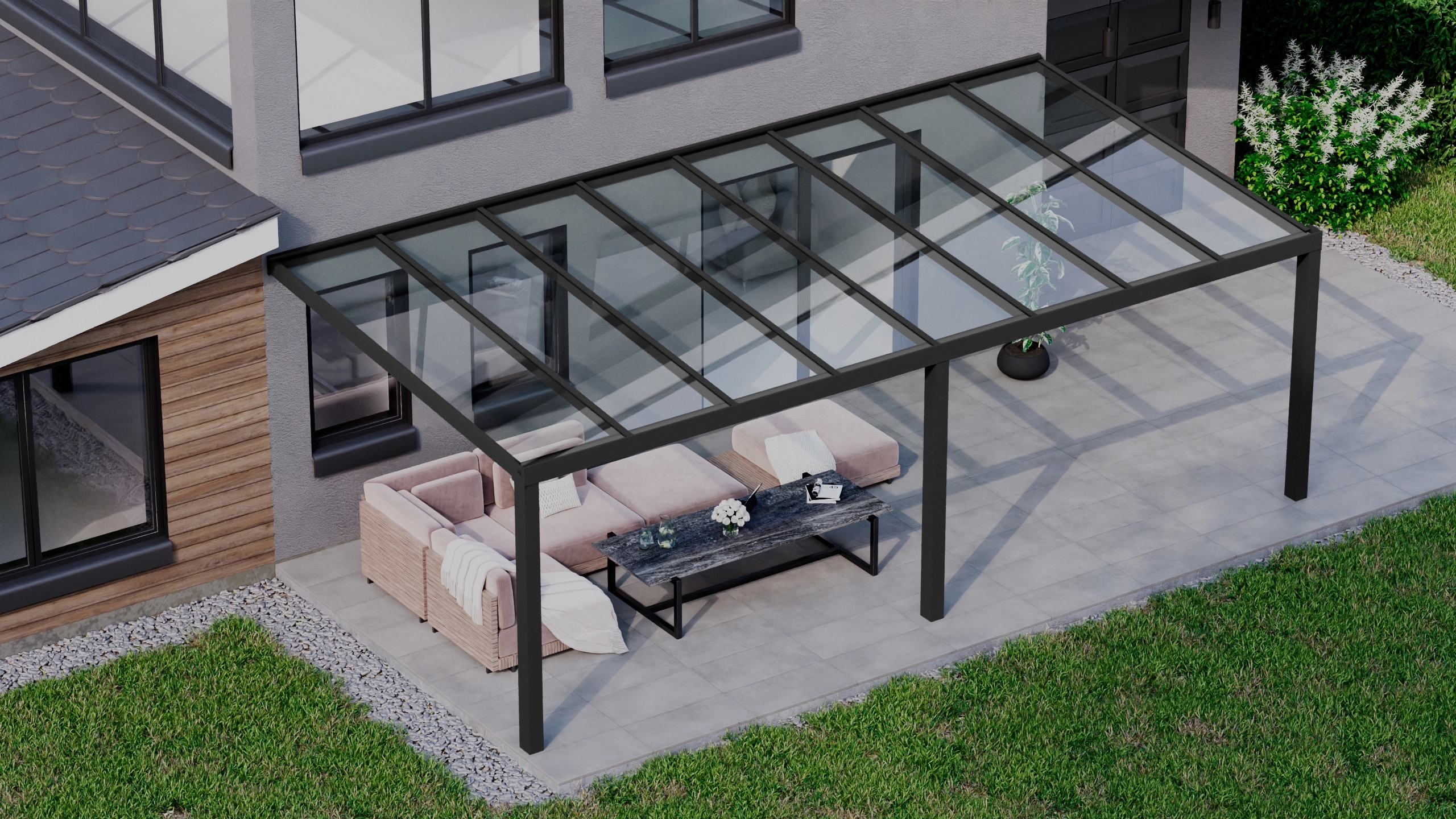 Terrasoverkapping 8,06m x 4m Zwart RAL 9005 met VSG helder glas 8mm