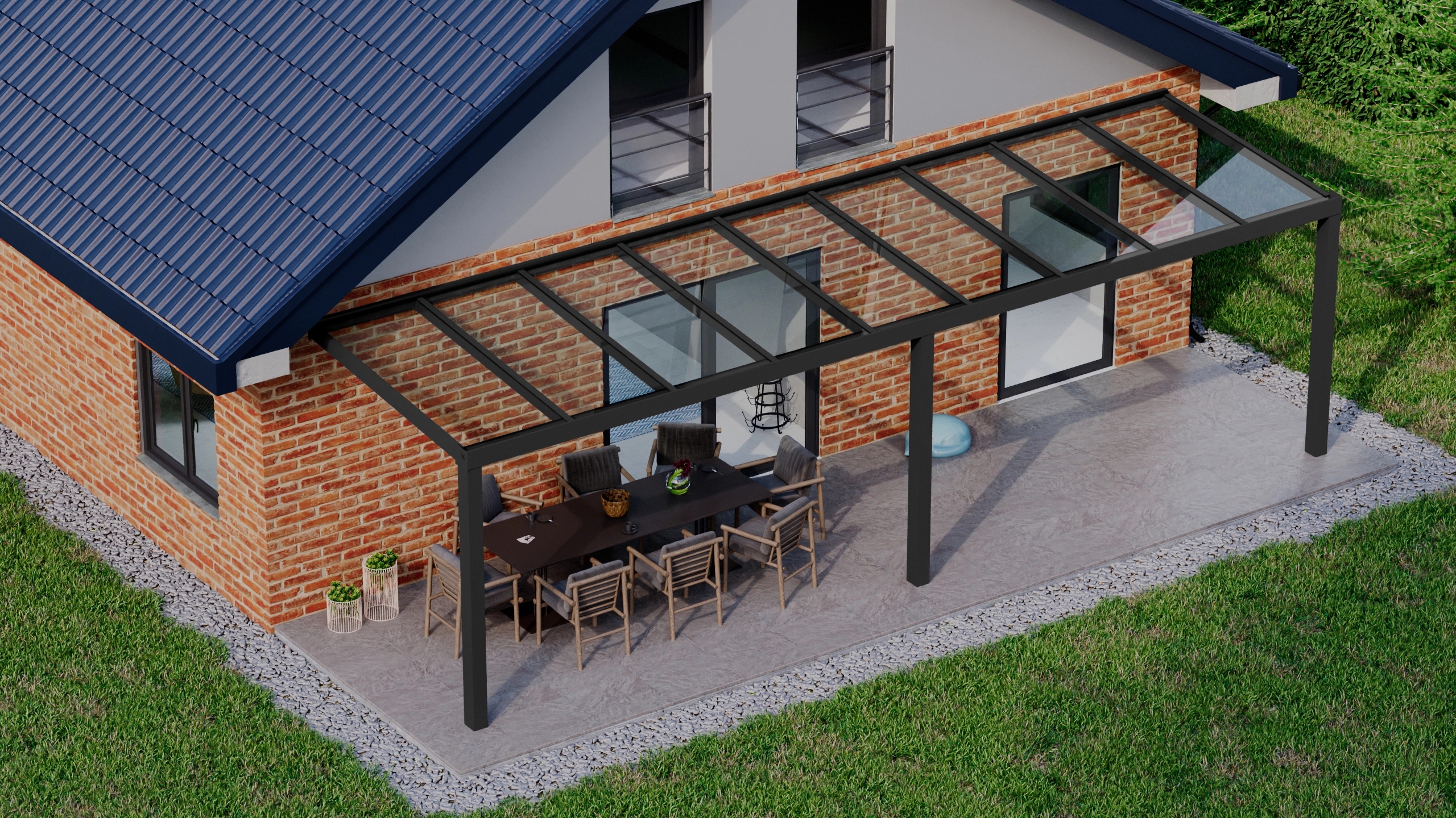 Terrasoverkapping 9,06m x 2,5m Zwart RAL 9005 met VSG helder glas 8mm