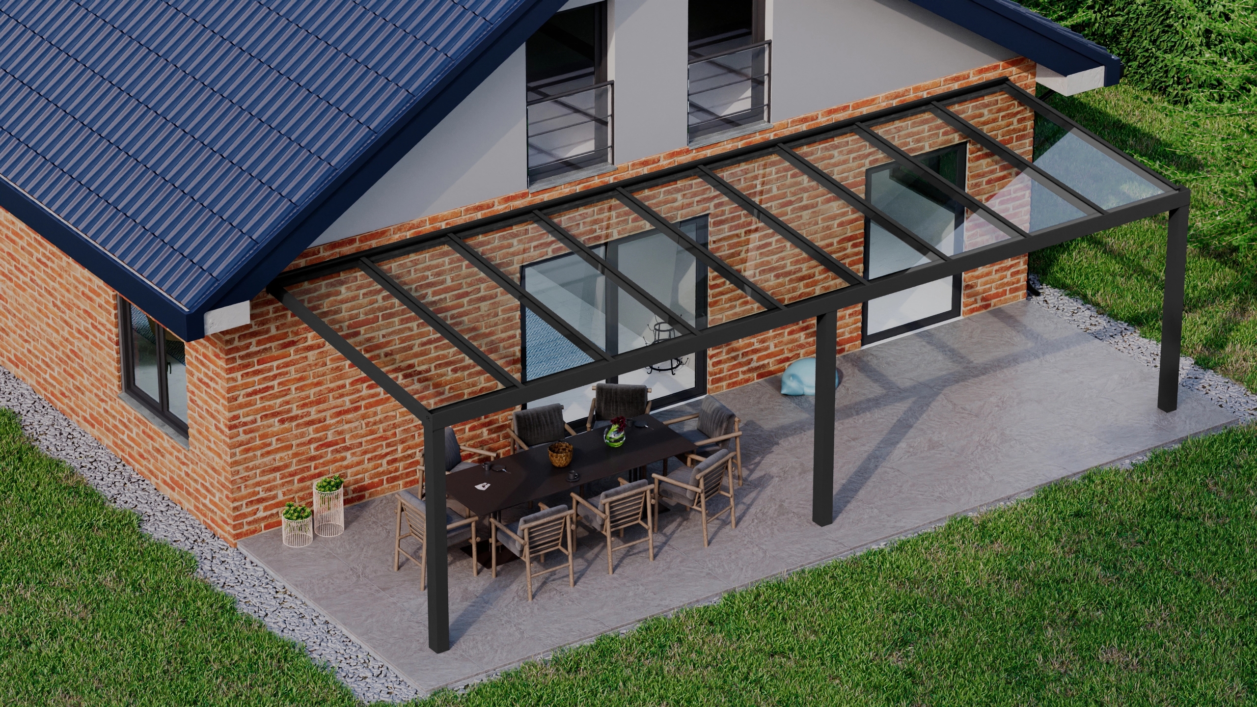 Terrasoverkapping 9,06m x 3m Zwart RAL 9005 met VSG helder glas 8mm