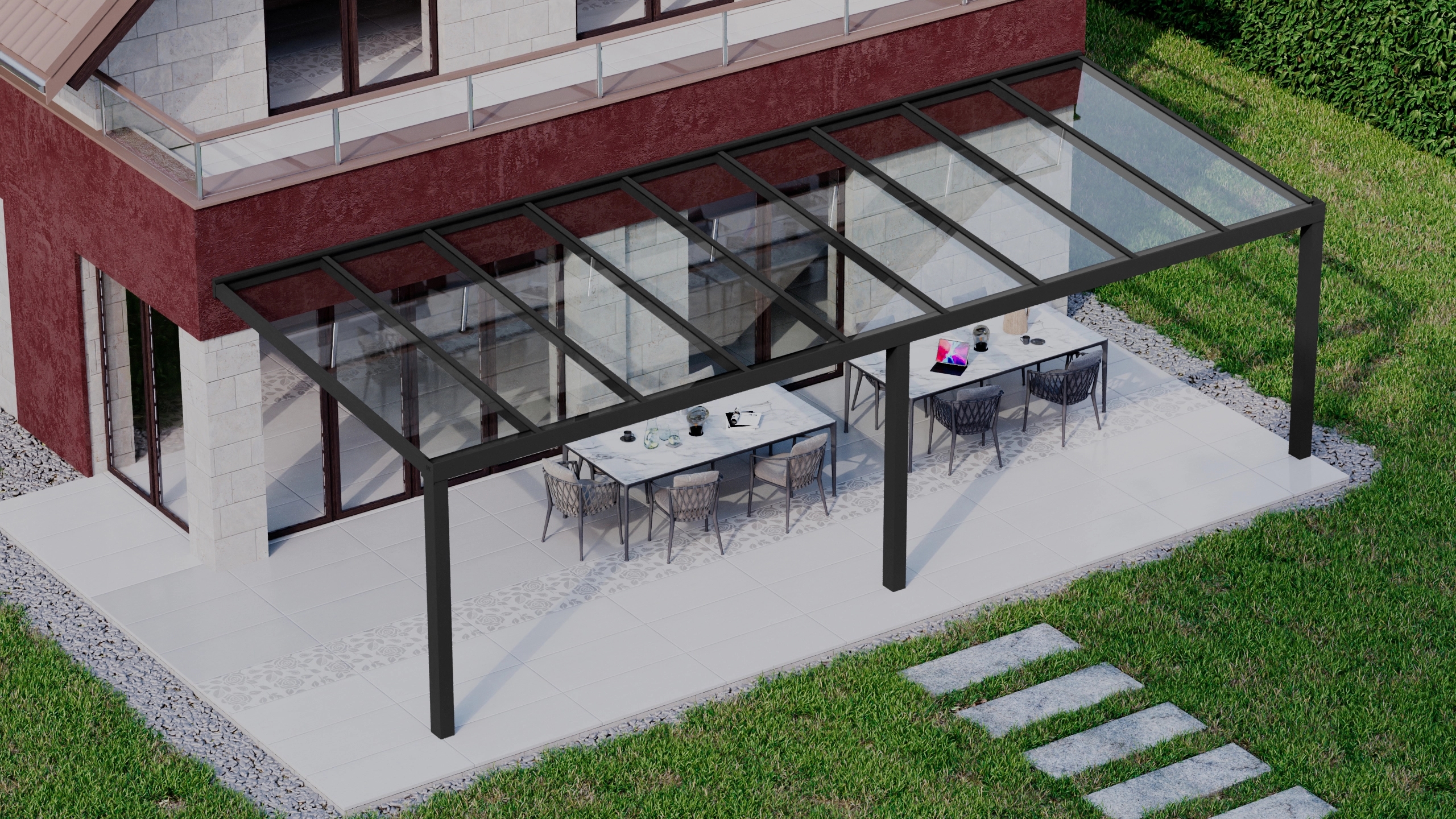 Terrasoverkapping 9,06m x 3,5m Zwart RAL 9005 met VSG helder glas 8mm