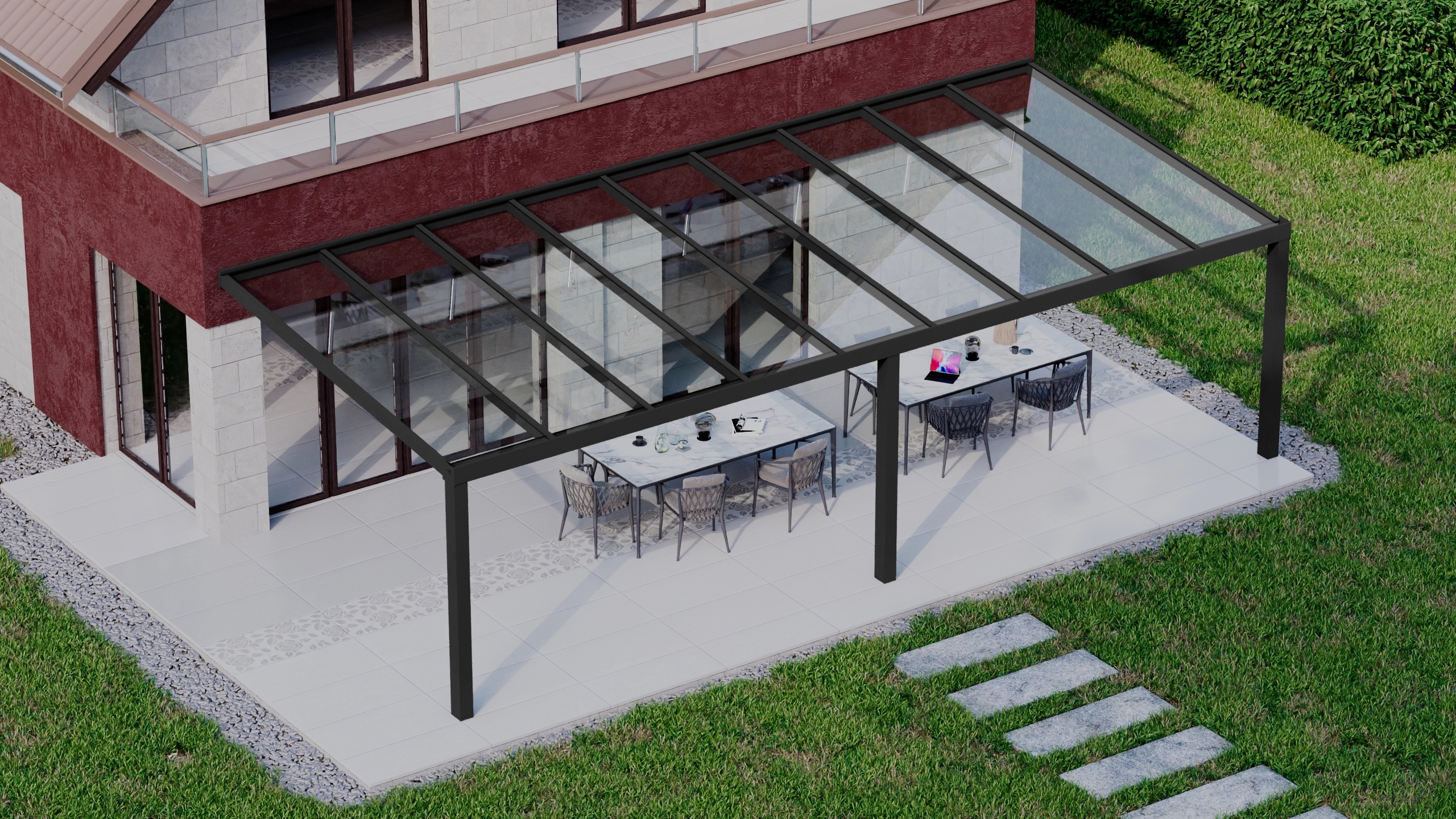 Terrasoverkapping 9,06m x 4m Zwart RAL 9005 met VSG helder glas 8mm