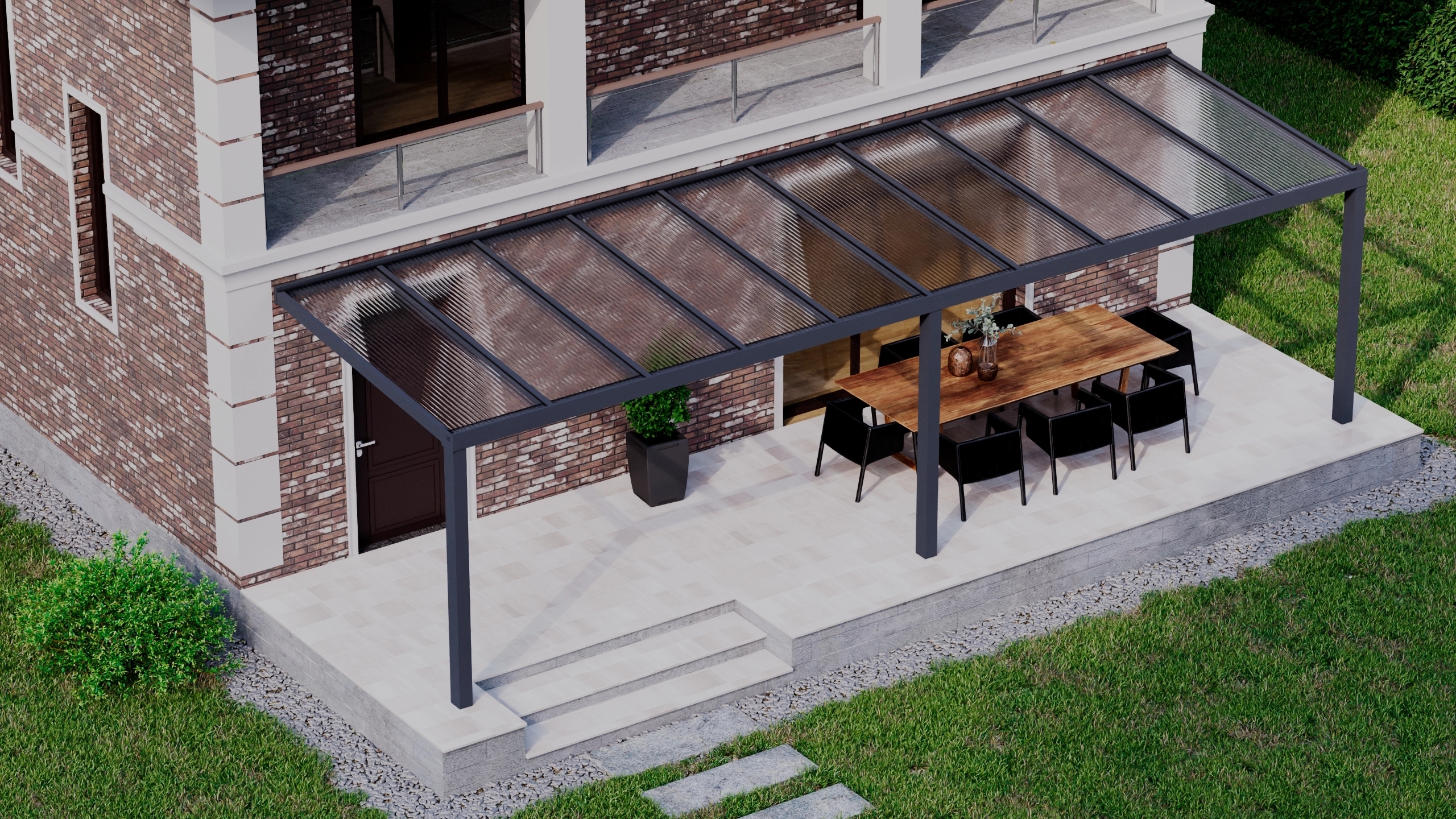 Terrasoverkapping 10,06m x 3m Antraciet RAL 7016 met polycarbonaat 16mm