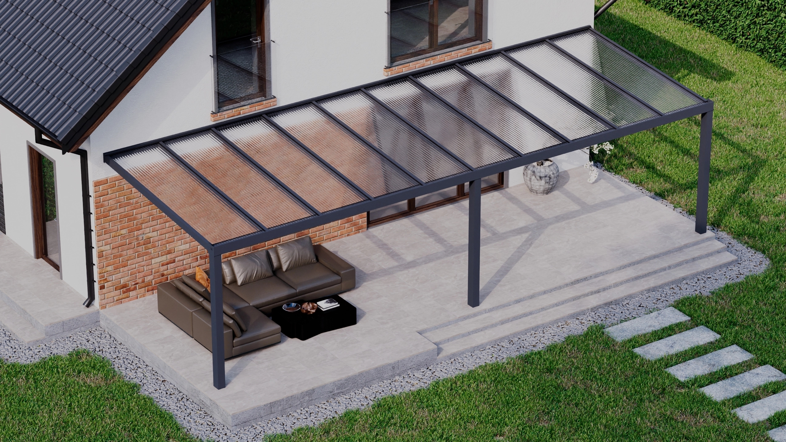 Terrasoverkapping 10,06m x 3,5m Antraciet RAL 7016 met polycarbonaat 16mm