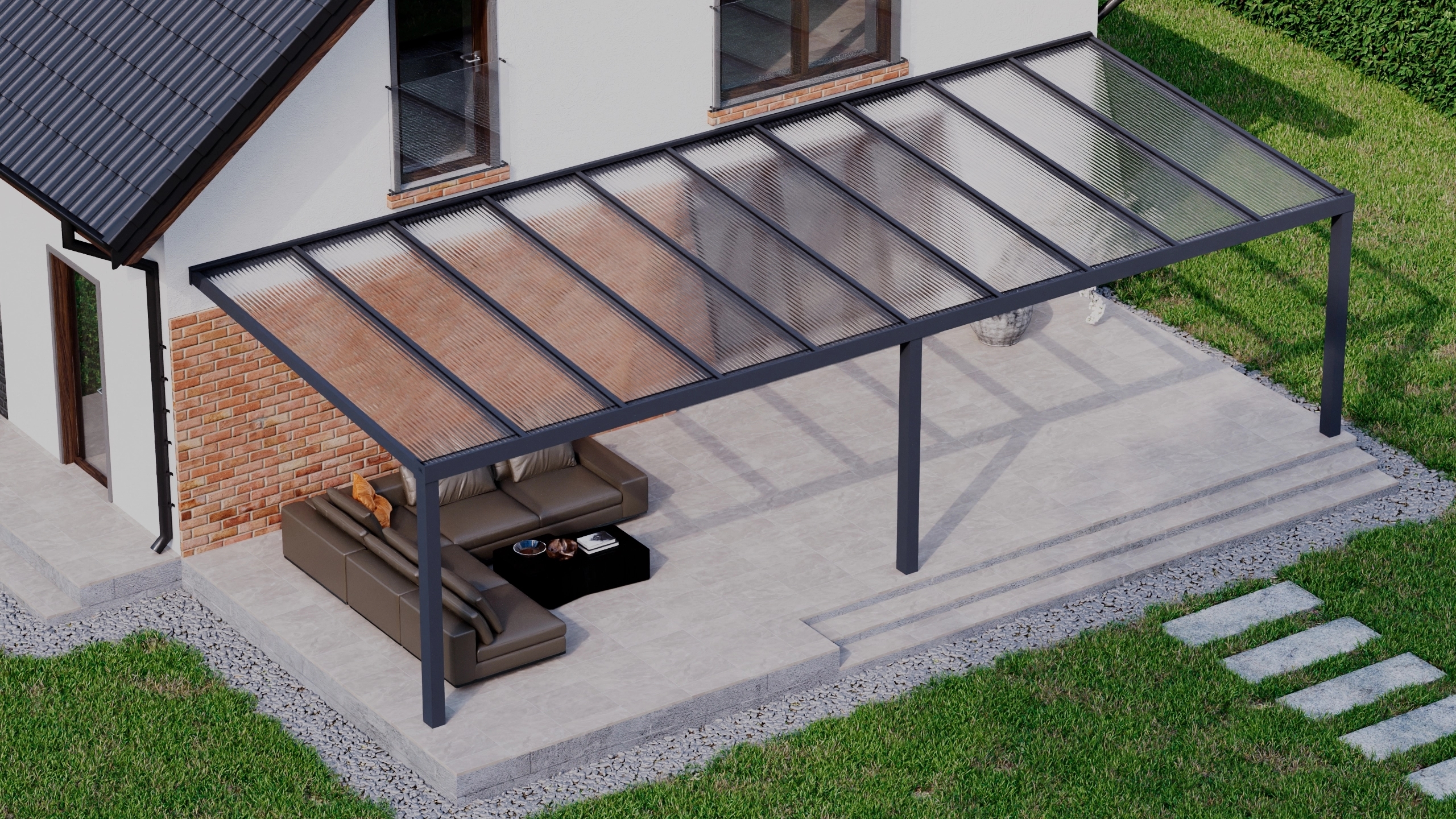 Terrasoverkapping 10,06m x 4m Antraciet RAL 7016 met polycarbonaat 16mm
