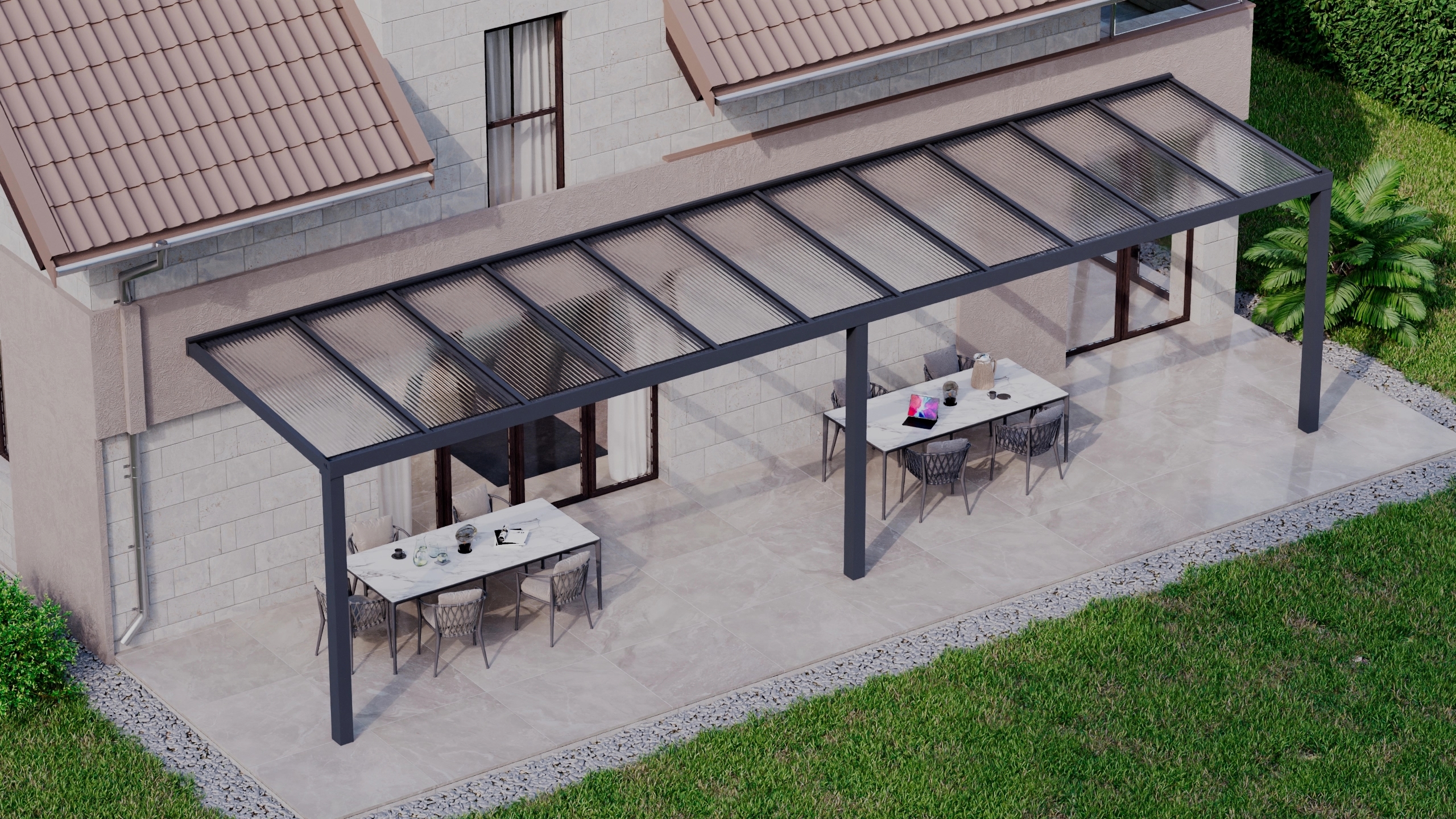 Terrasoverkapping 11,06m x 2,5m Antraciet RAL 7016 met polycarbonaat 16mm