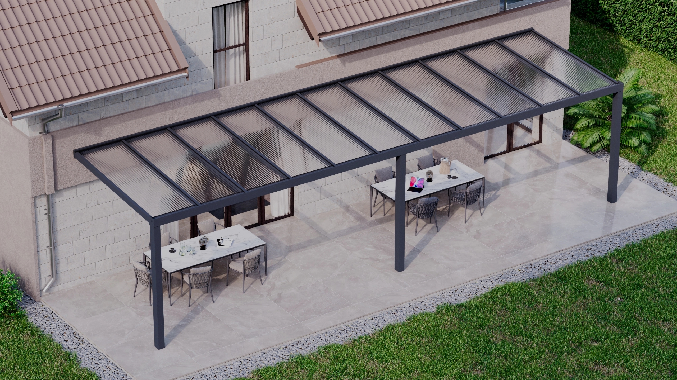 Terrasoverkapping 11,06m x 3m Antraciet RAL 7016 met polycarbonaat 16mm