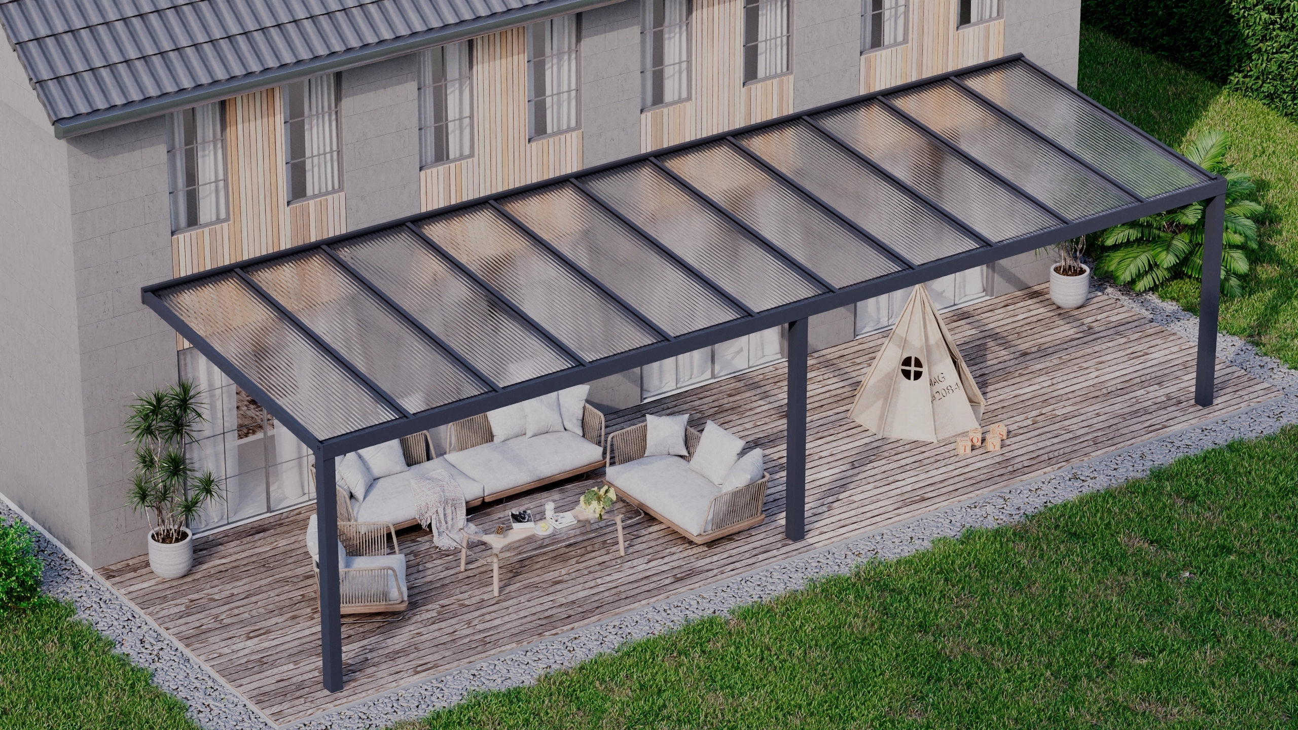 Terrasoverkapping 11,06m x 3,5m Antraciet RAL 7016 met polycarbonaat 16mm