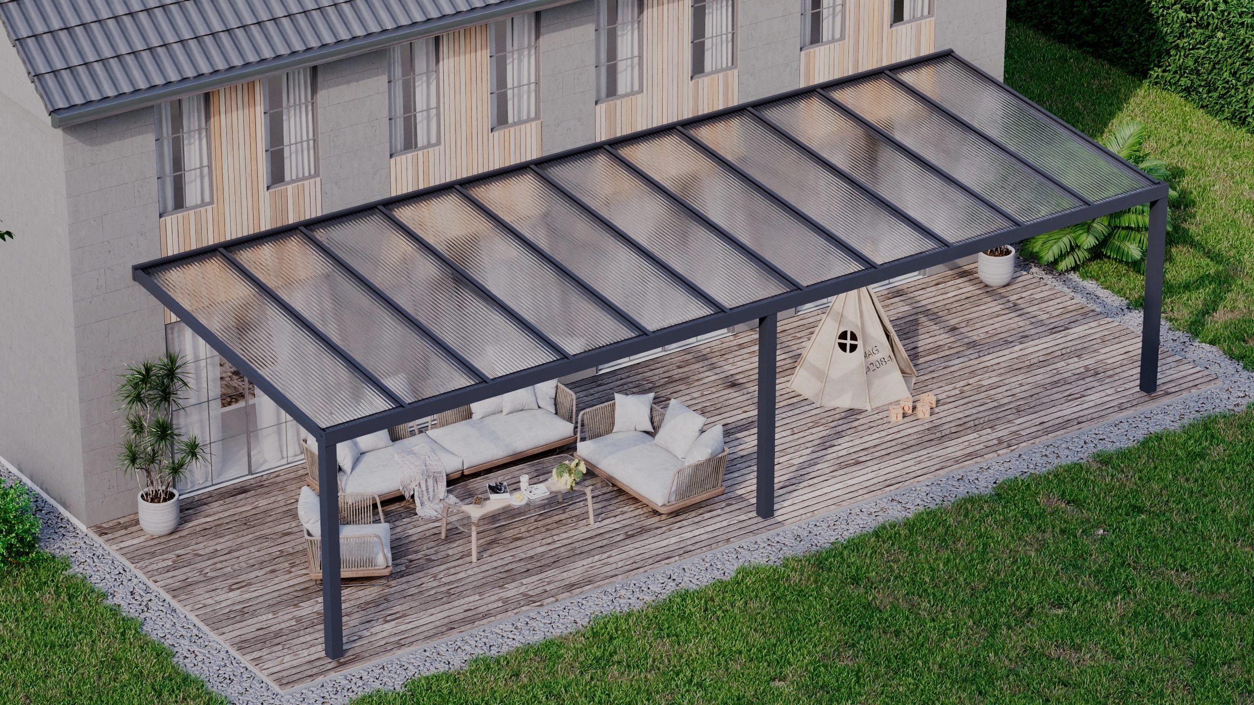 Terrasoverkapping 11,06m x 4m Antraciet RAL 7016 met polycarbonaat 16mm