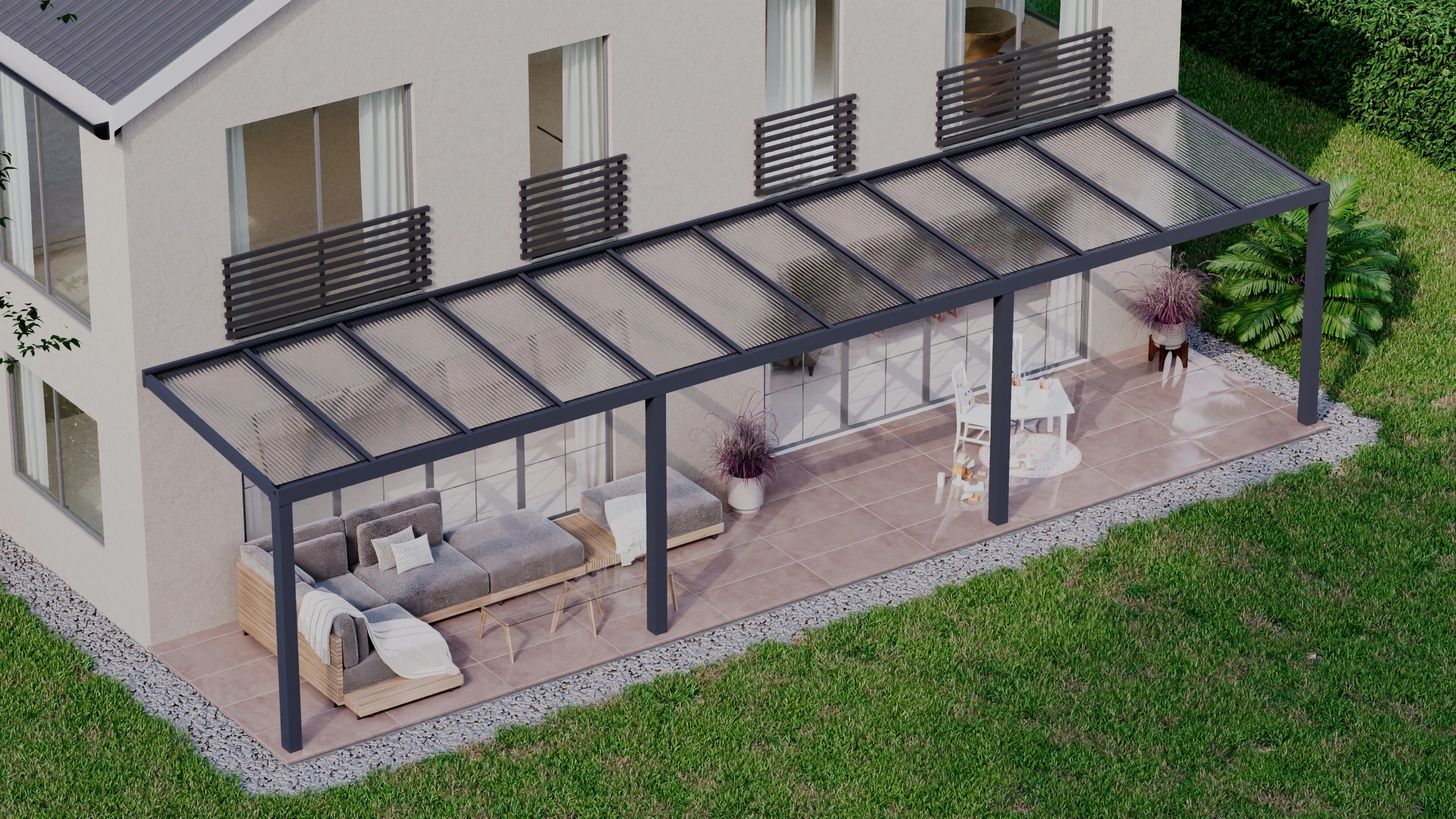 Terrasoverkapping 12,06m x 2,5m Antraciet RAL 7016 met polycarbonaat 16mm