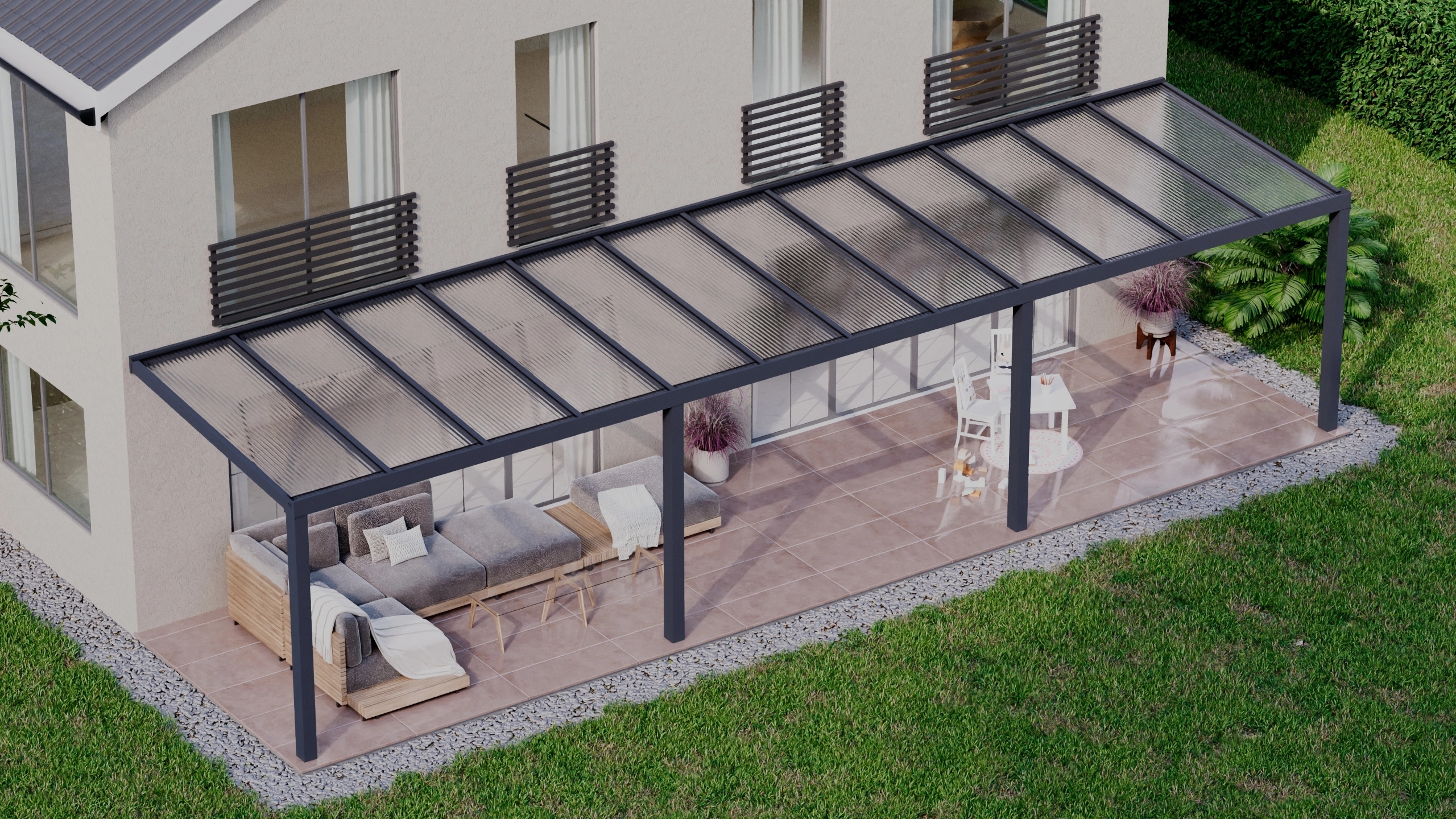 Terrasoverkapping 12,06m x 3m Antraciet RAL 7016 met polycarbonaat 16mm
