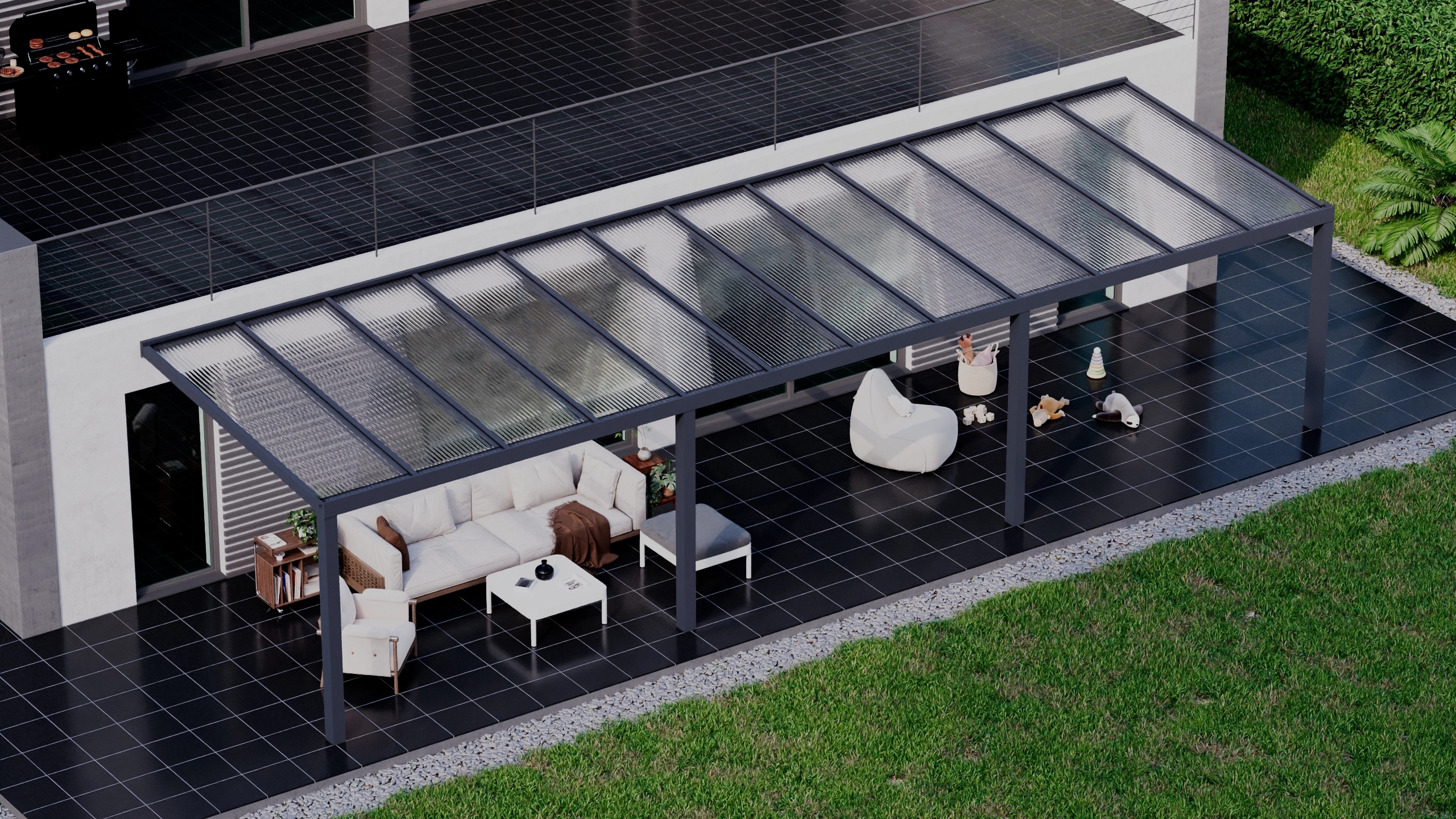 Terrasoverkapping 12,06m x 3,5m Antraciet RAL 7016 met polycarbonaat 16mm