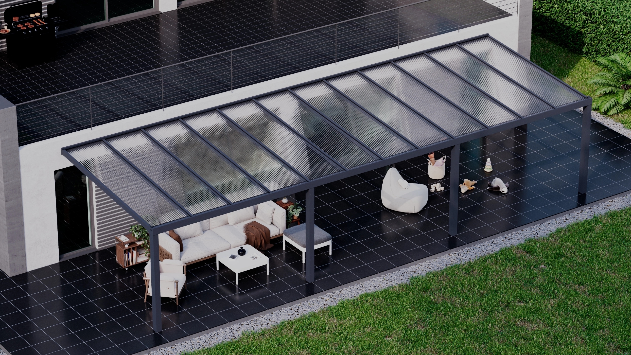 Terrasoverkapping 12,06m x 4m Antraciet RAL 7016 met polycarbonaat 16mm