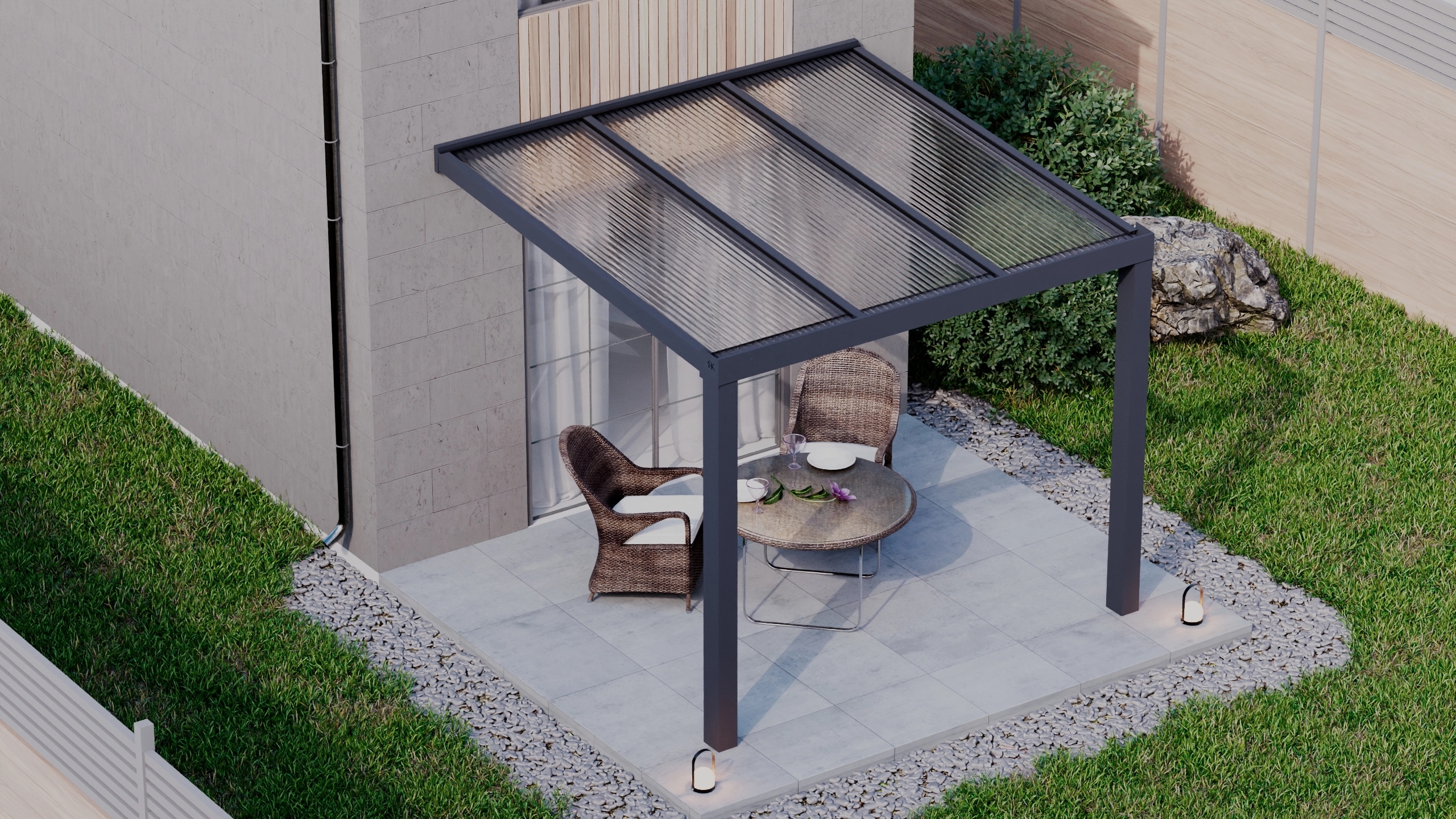 Terrasoverkapping 3,06m x 3m Antraciet RAL 7016 met polycarbonaat 16mm