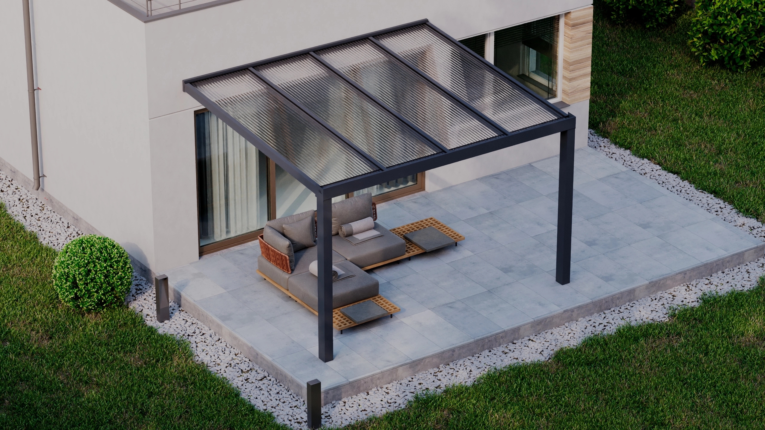 Terrasoverkapping 4,06m x 3,5m Antraciet RAL 7016 met polycarbonaat 16mm