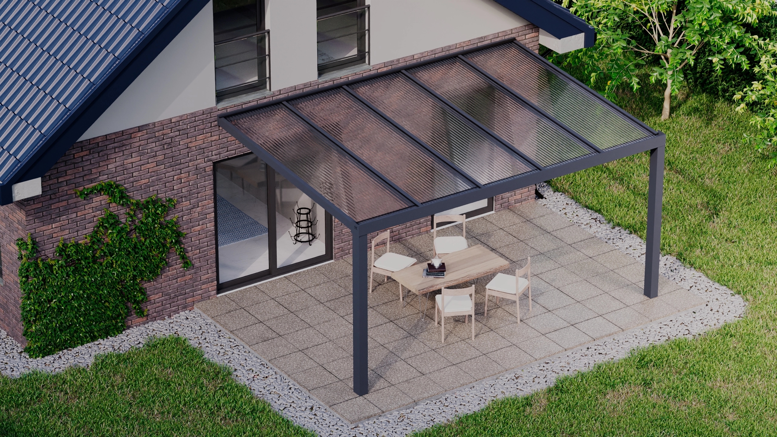 Terrasoverkapping 5,06m x 3,5m Antraciet RAL 7016 met polycarbonaat 16mm