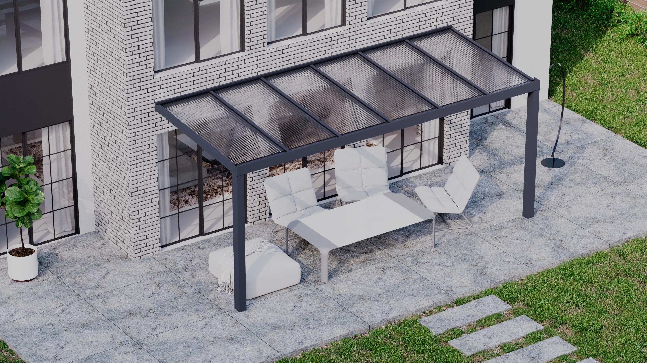 Terrasoverkapping 6,06m x 2,5m Antraciet RAL 7016 met polycarbonaat 16mm