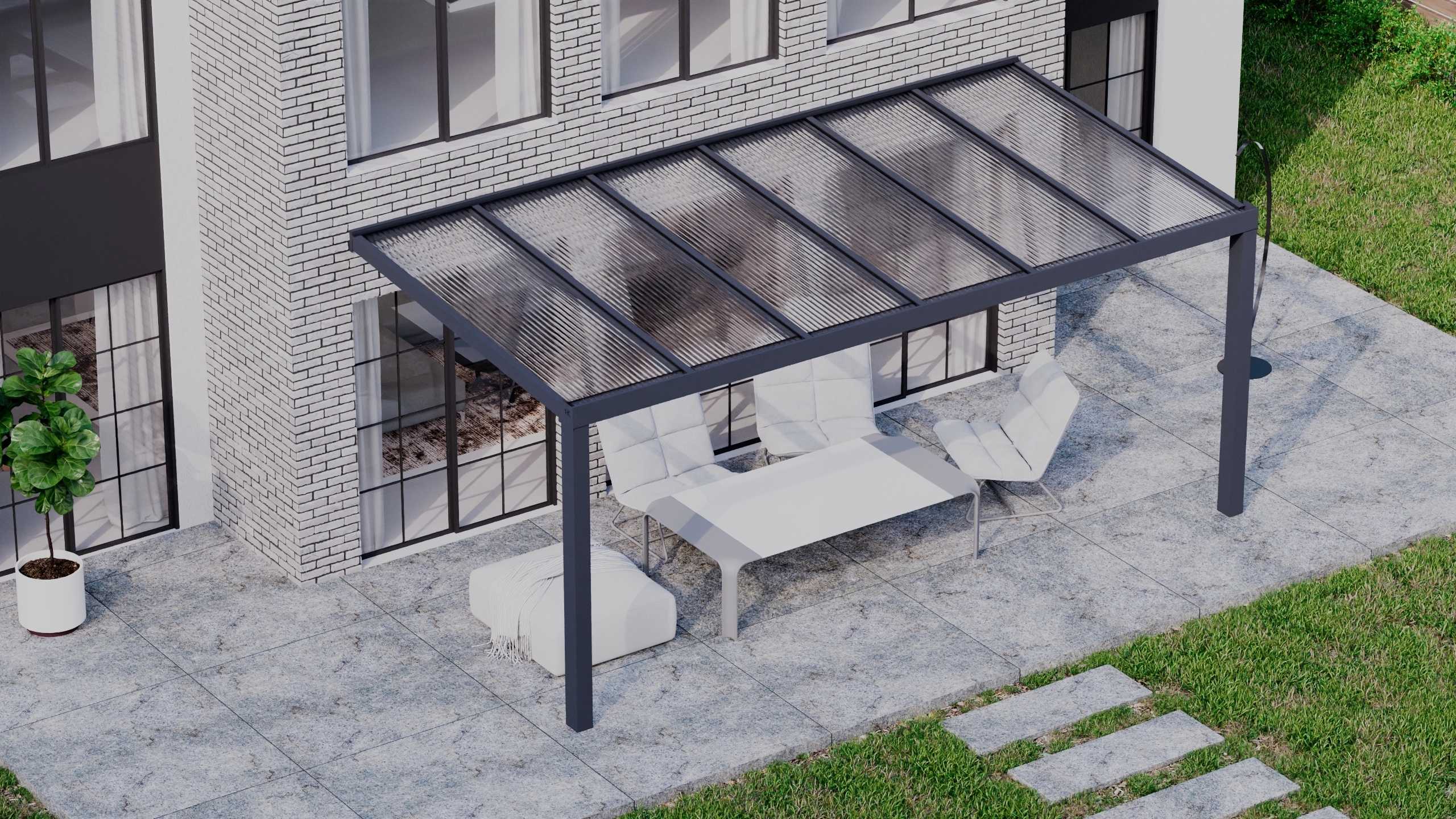 Terrasoverkapping 6,06m x 3m Antraciet RAL 7016 met polycarbonaat 16mm