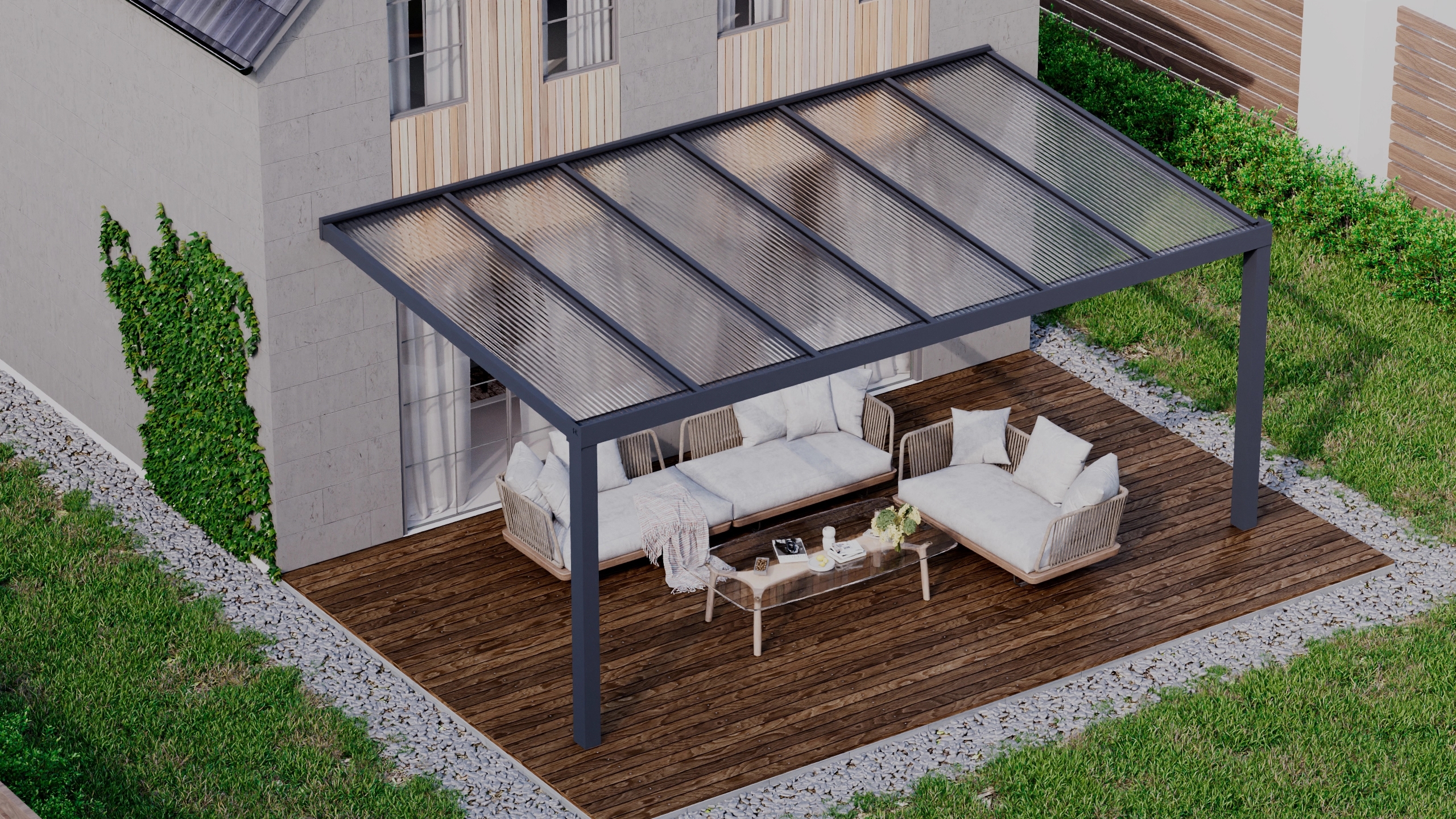 Terrasoverkapping 6,06m x 3,5m Antraciet RAL 7016 met polycarbonaat 16mm