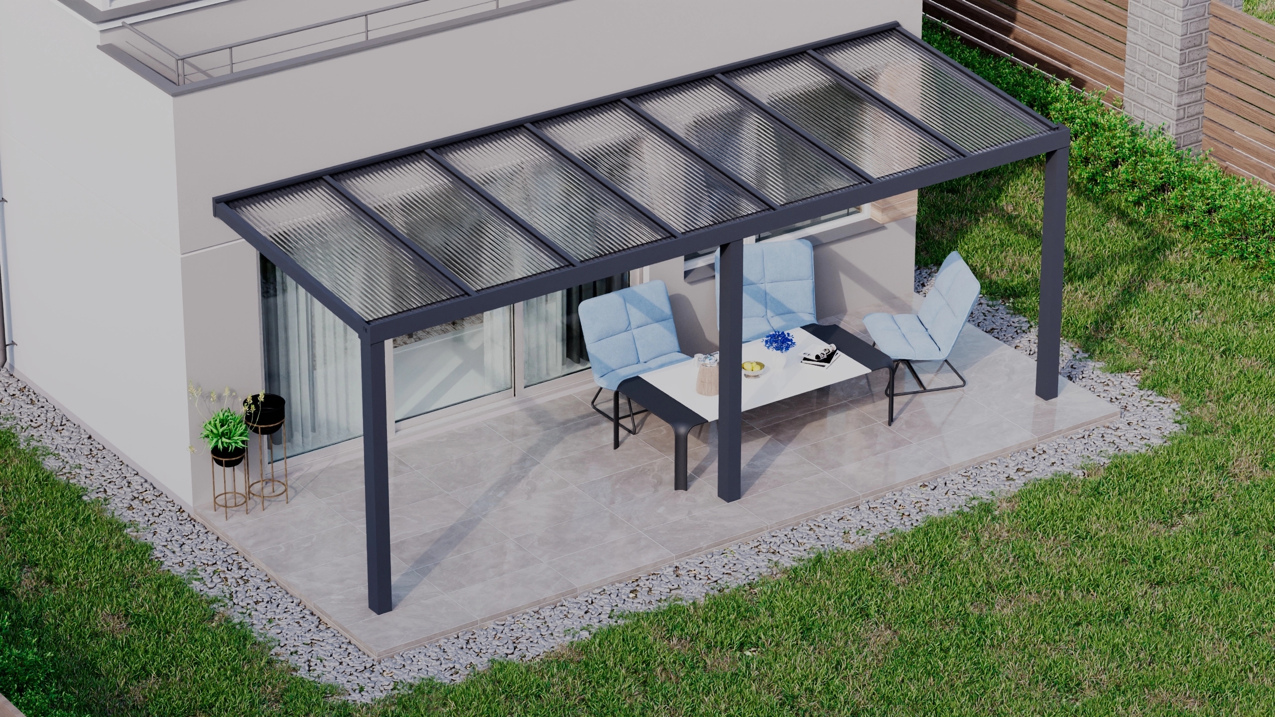Terrasoverkapping 7,06m x 2,5m Antraciet RAL 7016 met polycarbonaat 16mm
