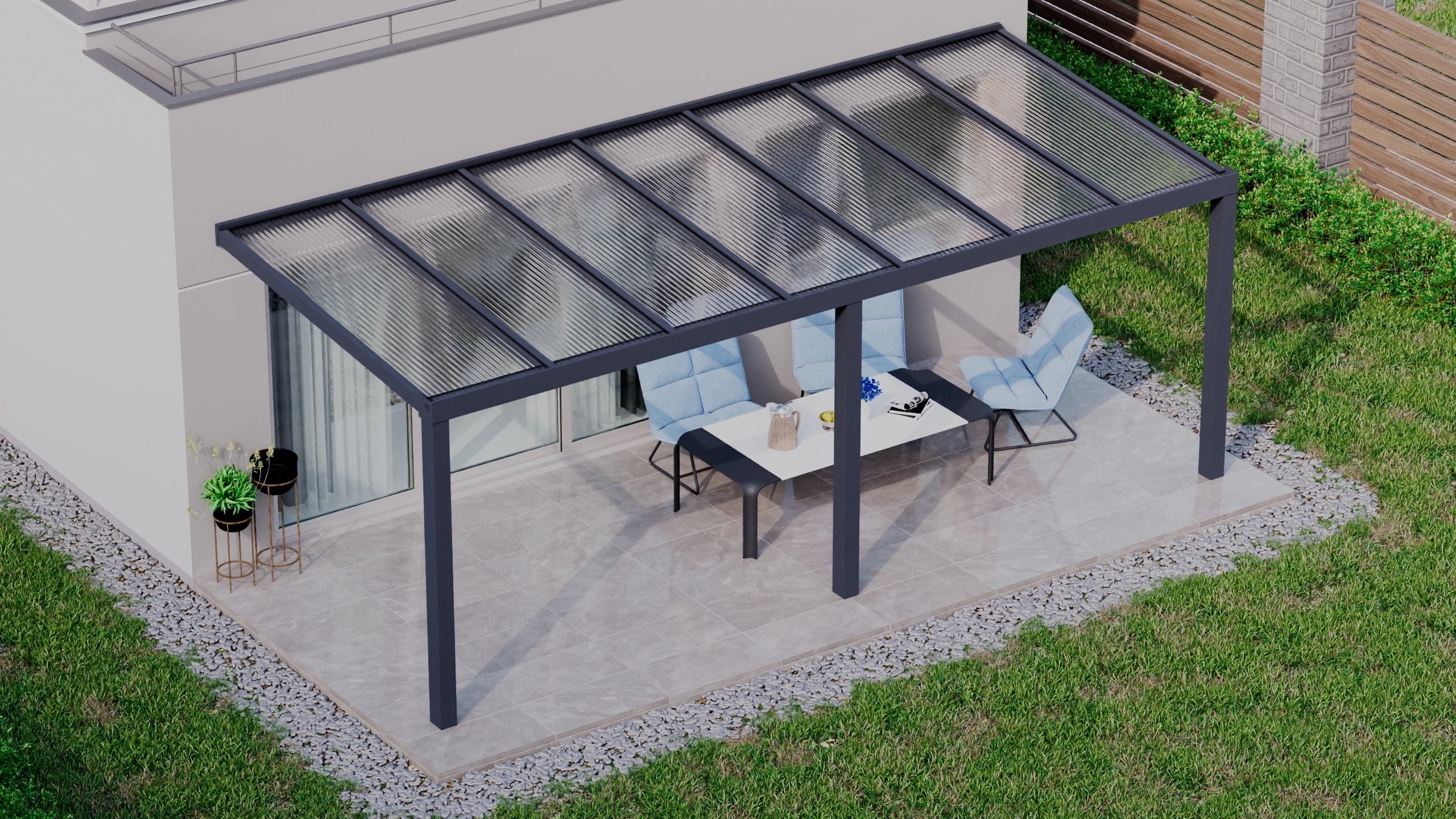 Terrasoverkapping 7,06m x 3m Antraciet RAL 7016 met polycarbonaat 16mm