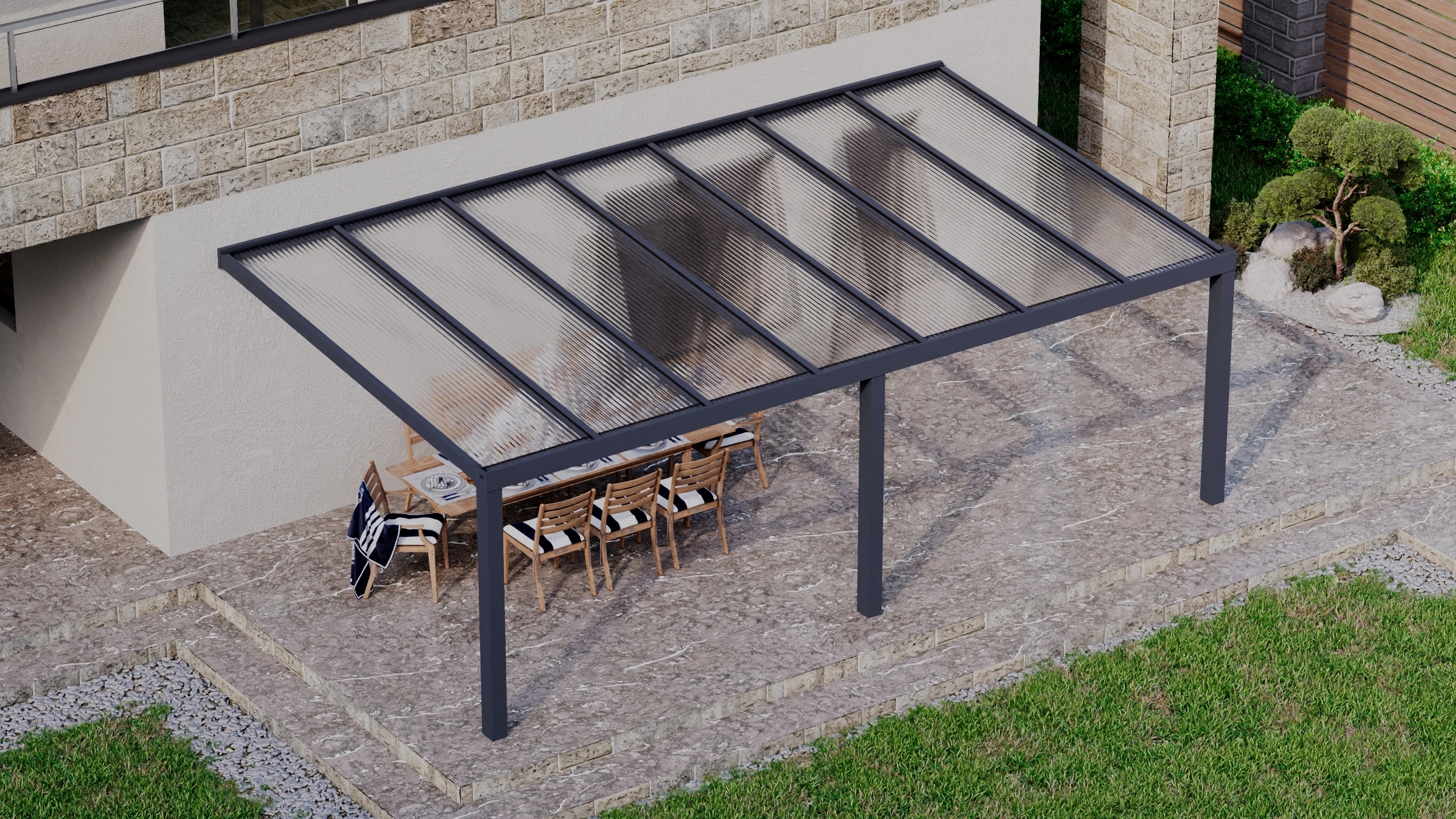 Terrasoverkapping 7,06m x 4m Antraciet RAL 7016 met polycarbonaat 16mm