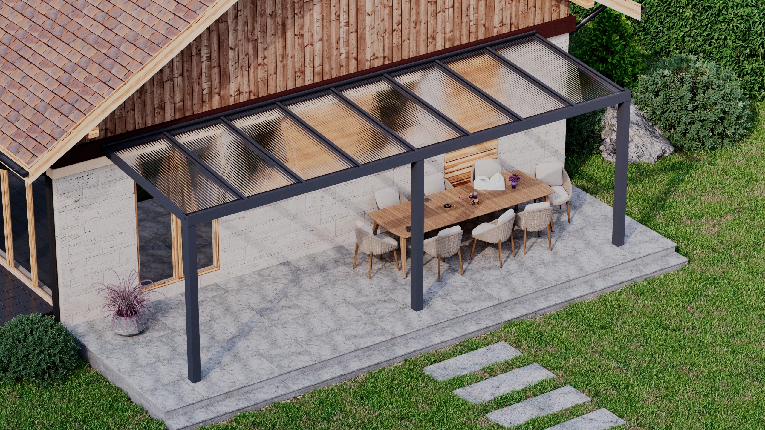 Terrasoverkapping 8,06m x 2,5m Antraciet RAL 7016 met polycarbonaat 16mm