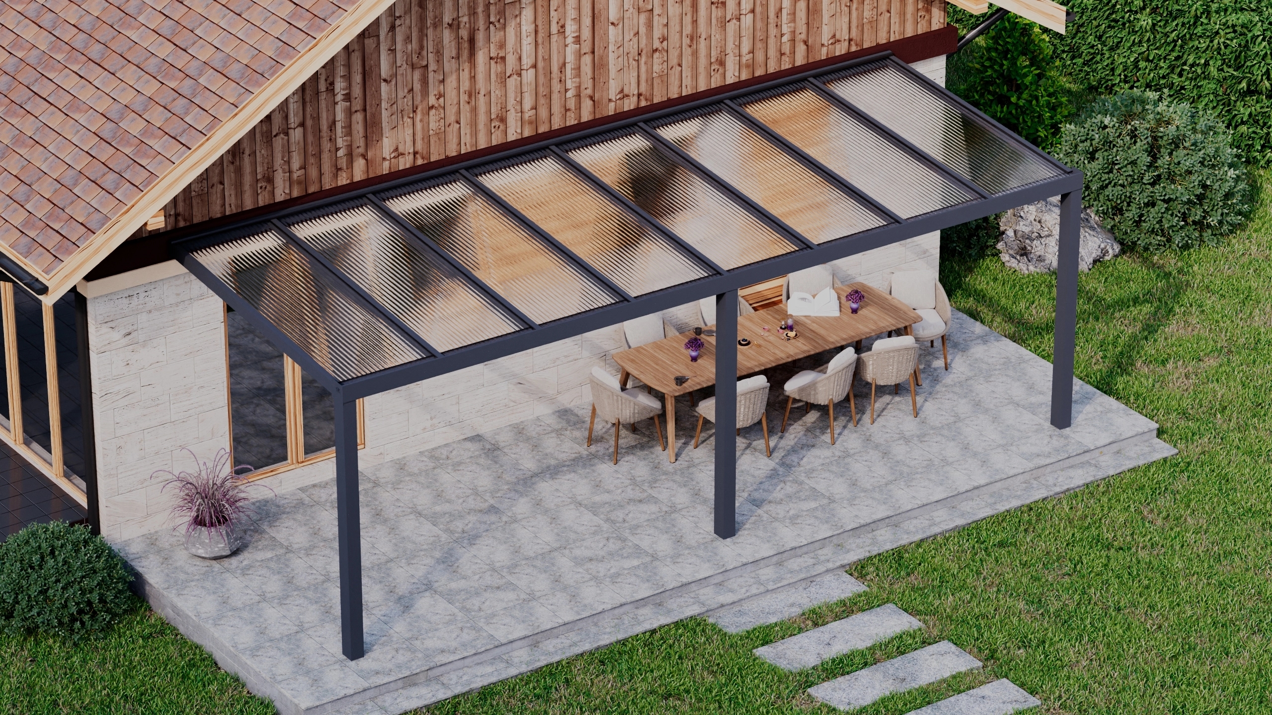 Terrasoverkapping 8,06m x 3m Antraciet RAL 7016 met polycarbonaat 16mm