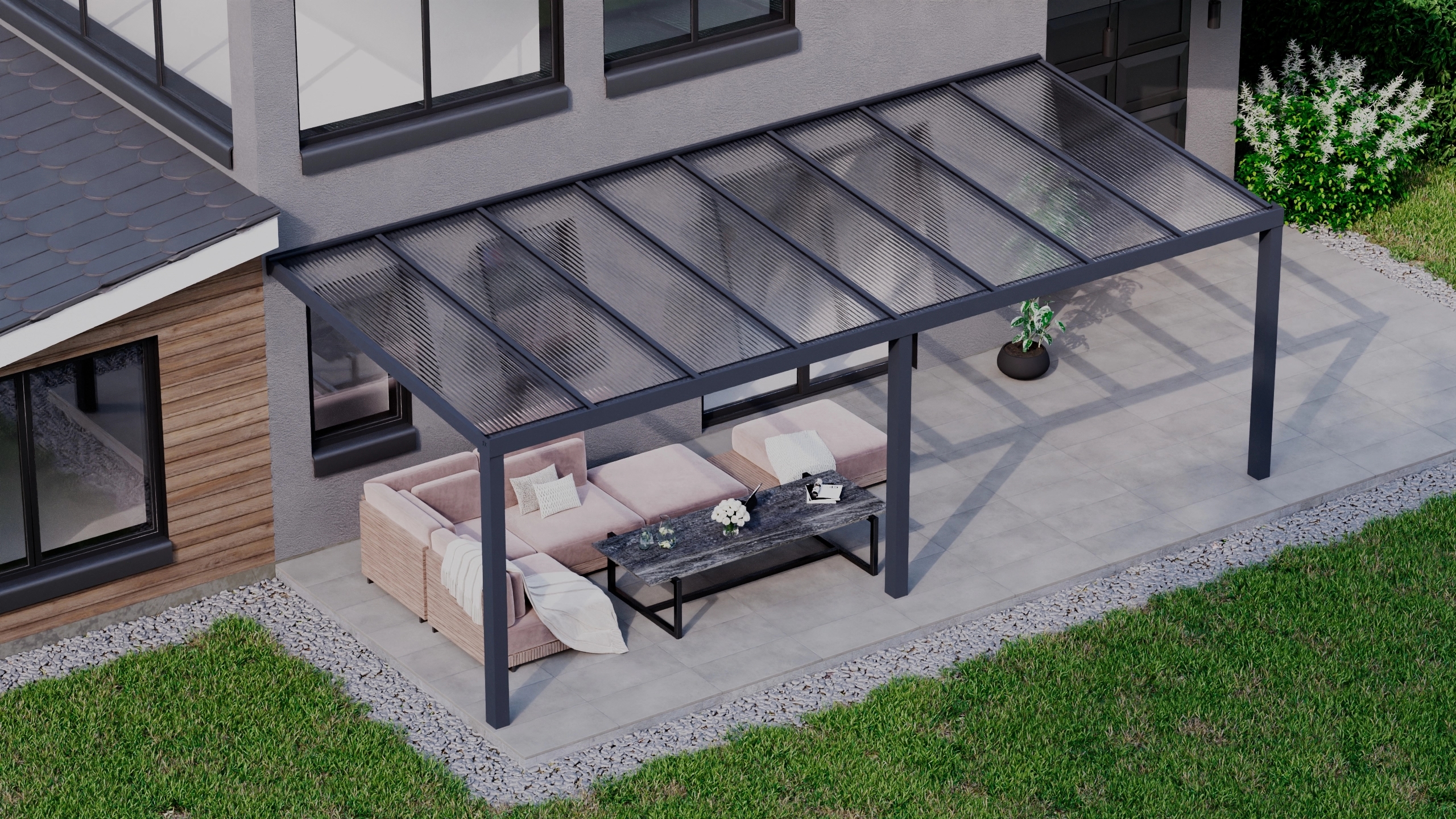 Terrasoverkapping 8,06m x 3,5m Antraciet RAL 7016 met polycarbonaat 16mm