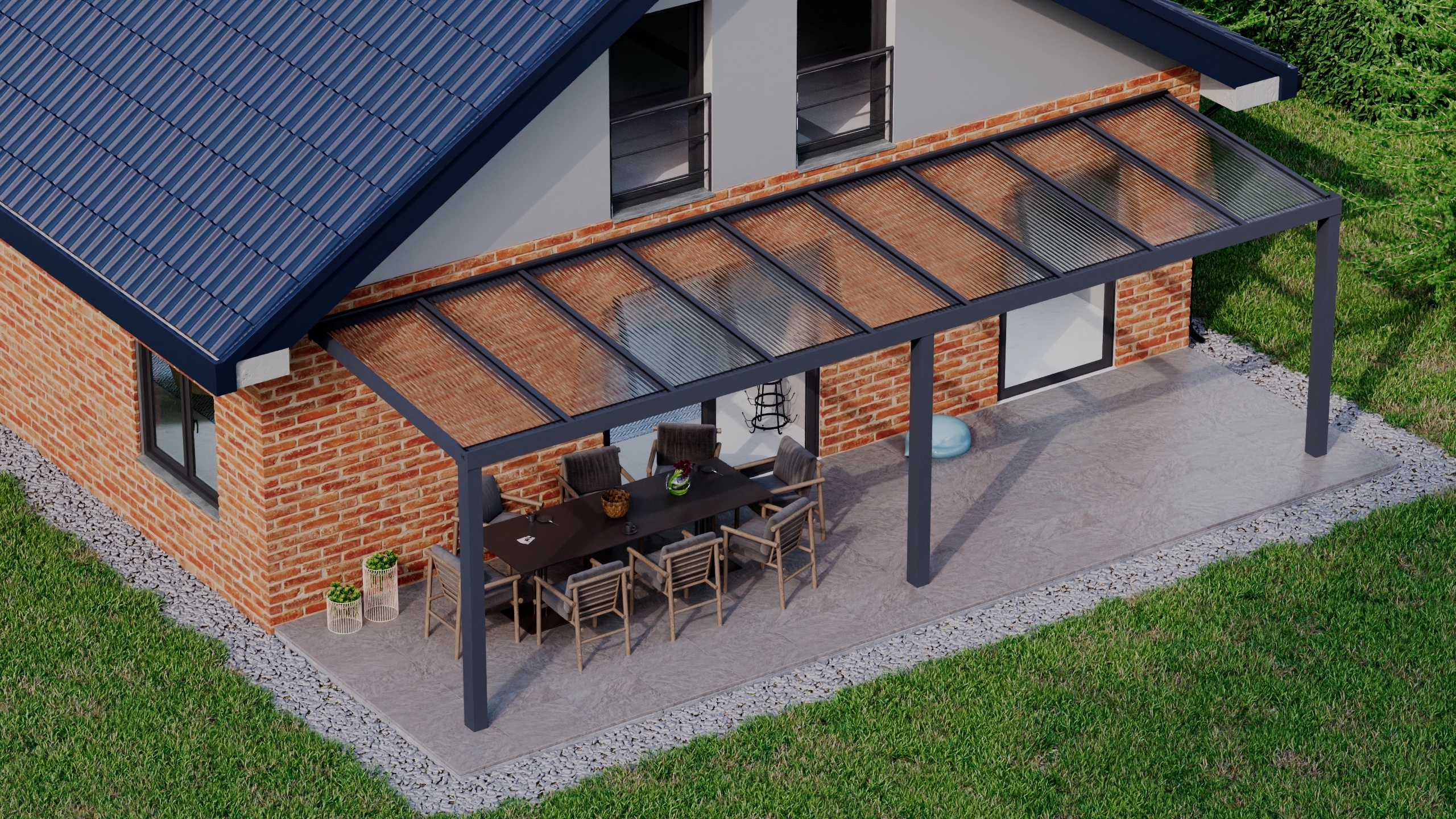 Terrasoverkapping 9,06m x 2,5m Antraciet RAL 7016 met polycarbonaat 16mm