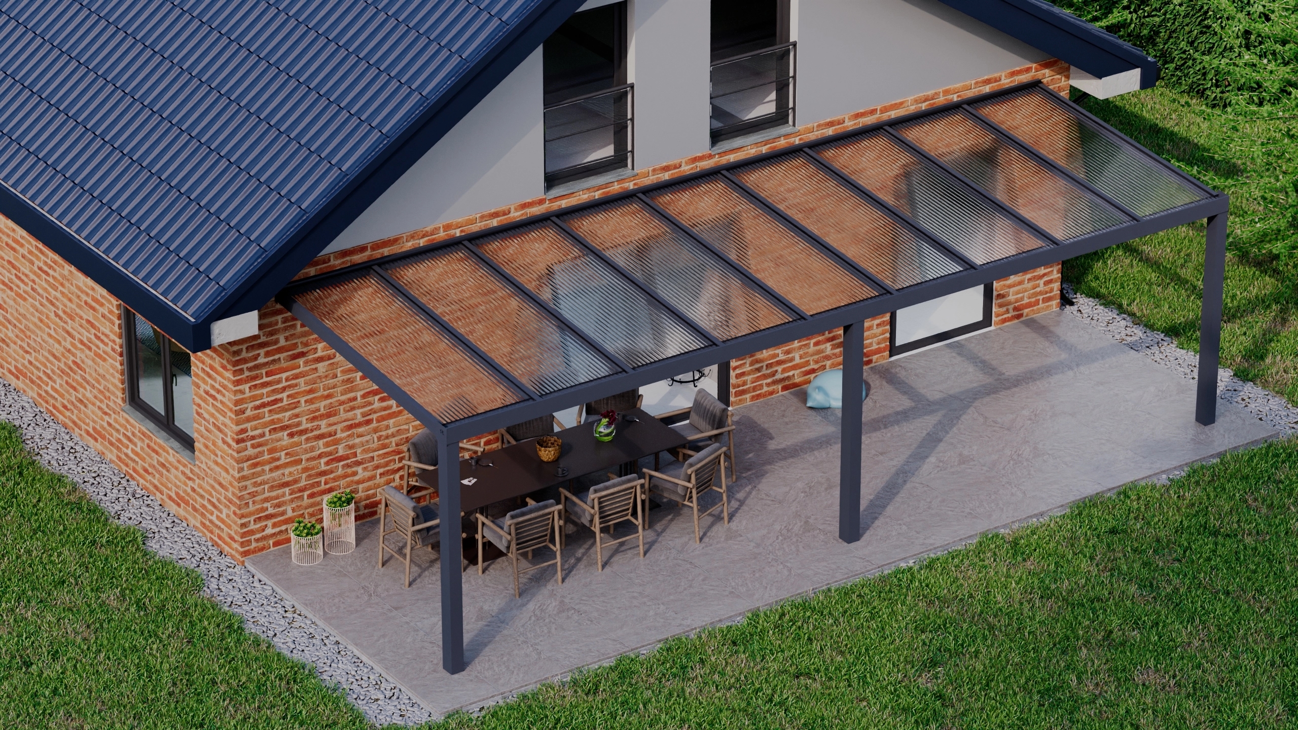 Terrasoverkapping 9,06m x 3m Antraciet RAL 7016 met polycarbonaat 16mm