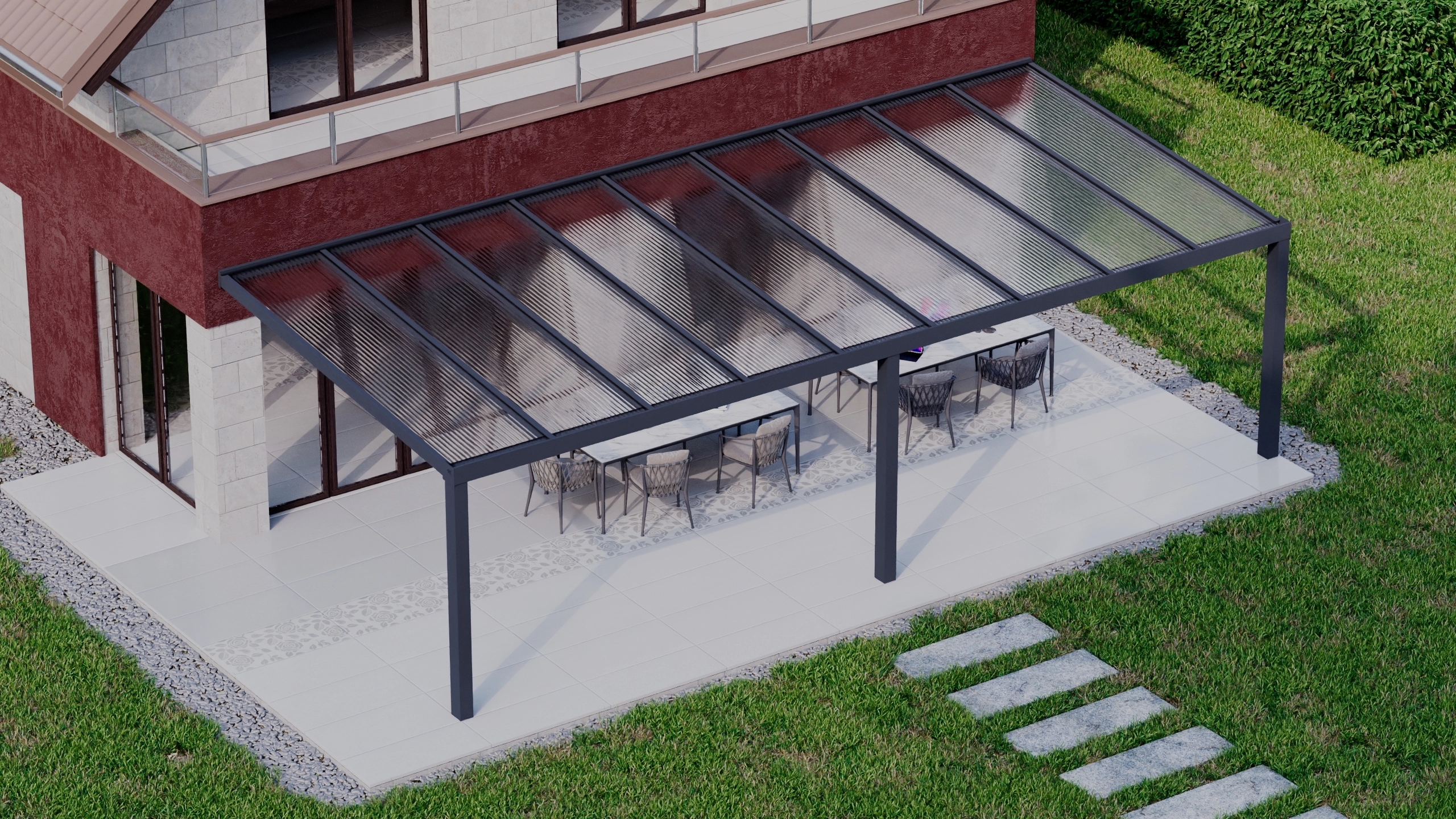 Terrasoverkapping 9,06m x 4m Antraciet RAL 7016 met polycarbonaat 16mm