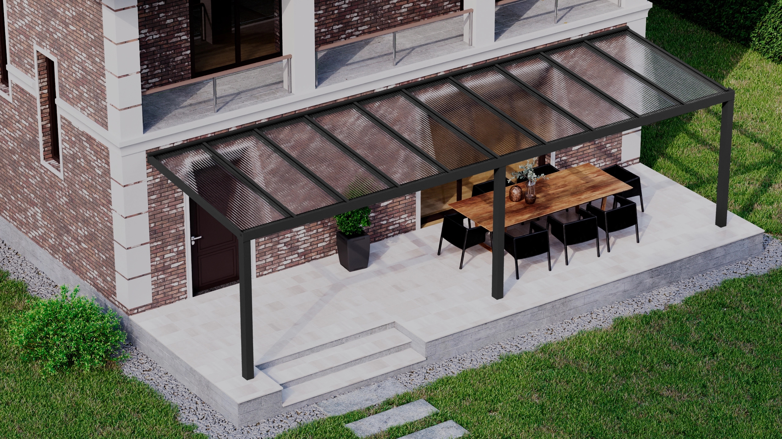 Terrasoverkapping 10,06m x 3m Zwart RAL 9005 met polycarbonaat 16mm