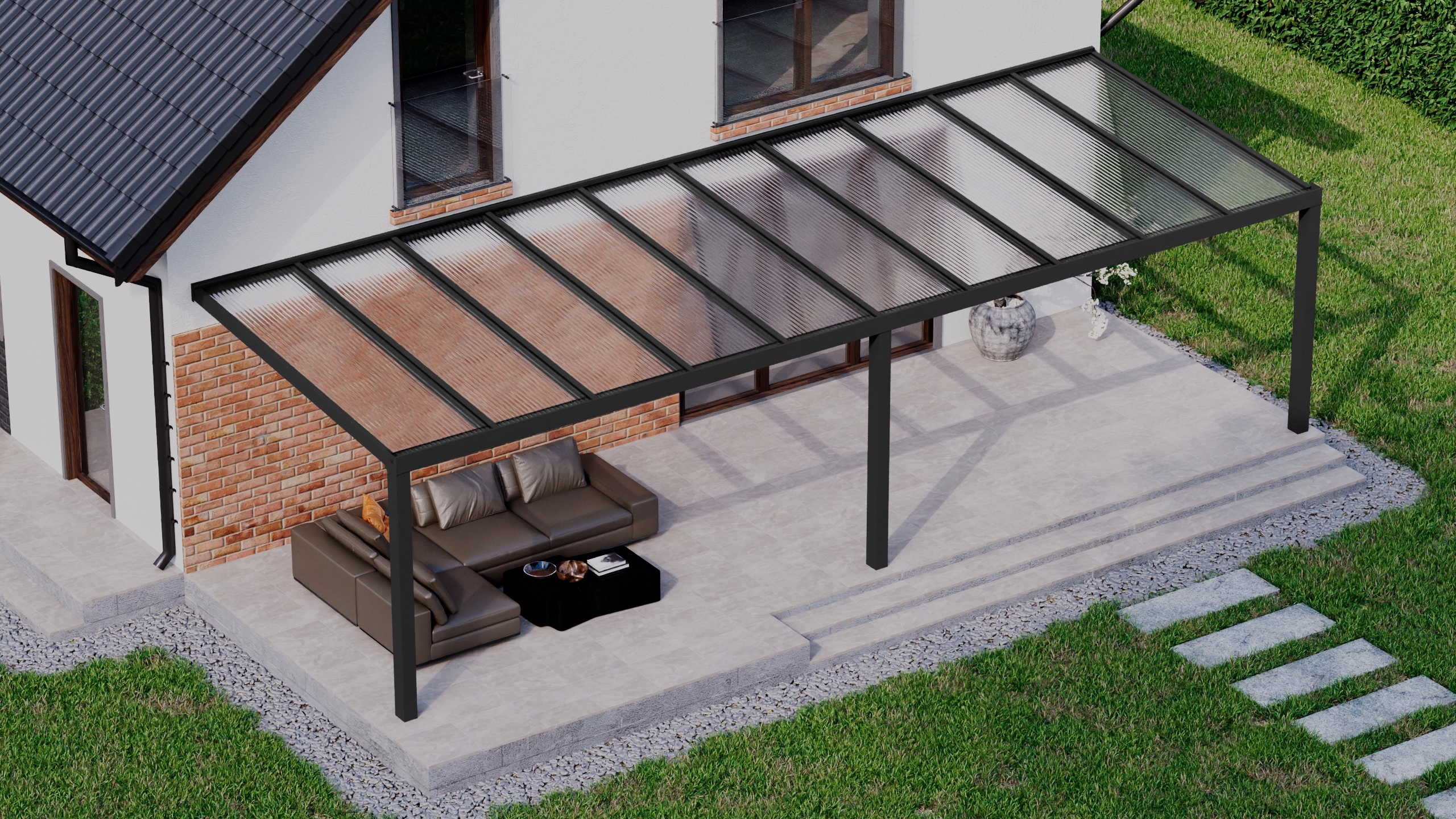 Terrasoverkapping 10,06m x 3,5m Zwart RAL 9005 met polycarbonaat 16mm