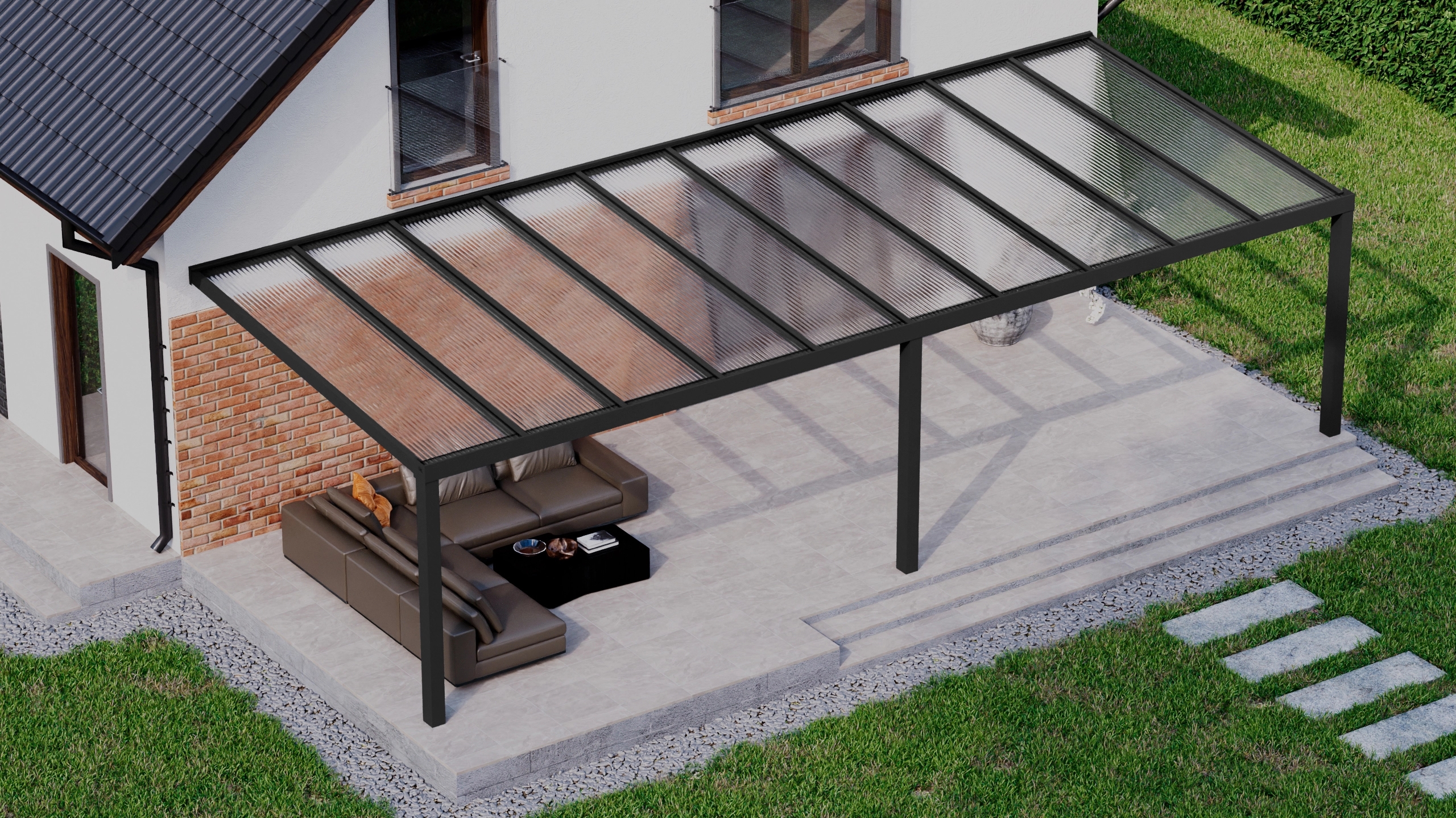 Terrasoverkapping 10,06m x 4m Zwart RAL 9005 met polycarbonaat 16mm