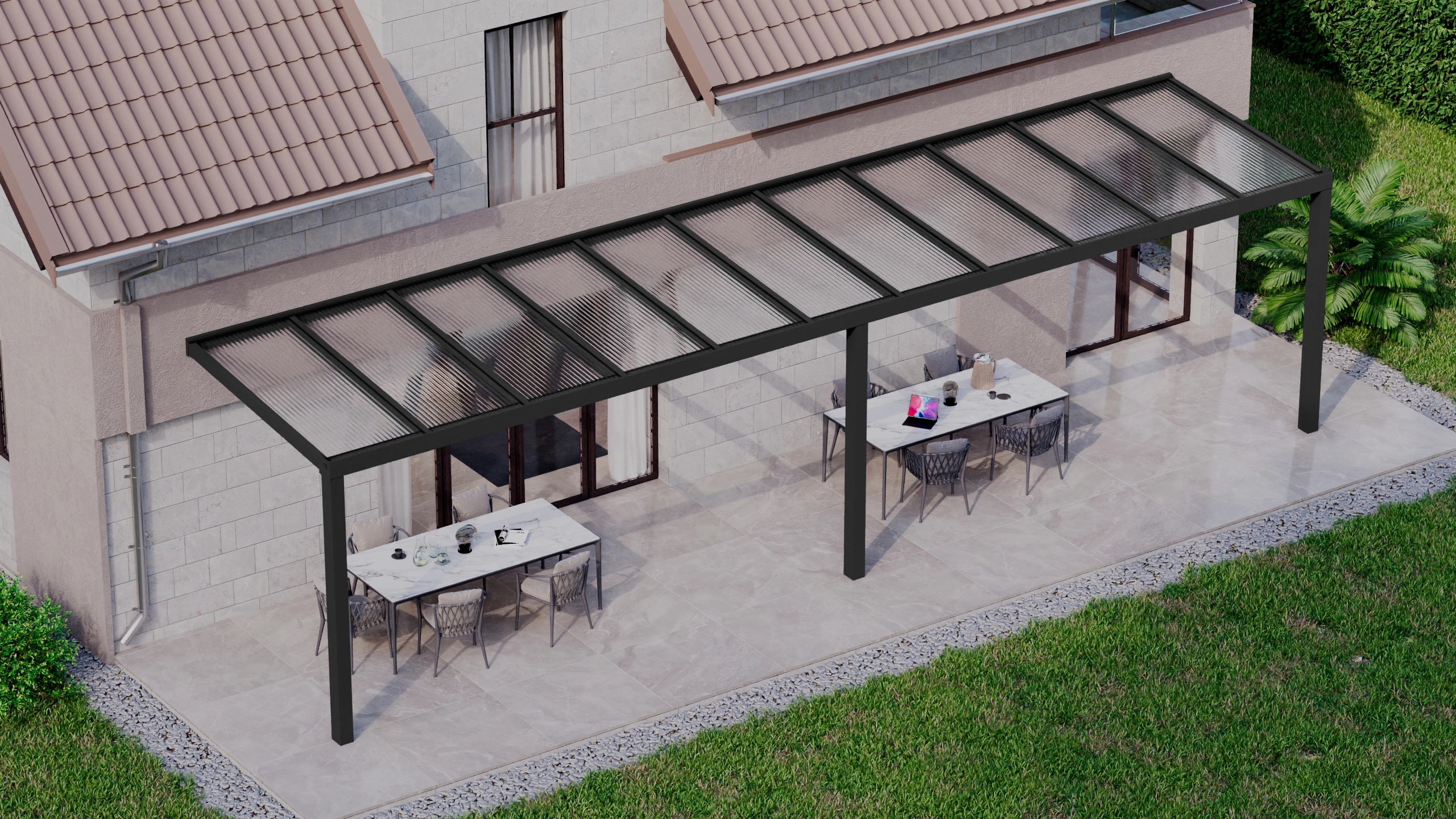 Terrasoverkapping 11,06m x 2,5m Zwart RAL 9005 met polycarbonaat 16mm