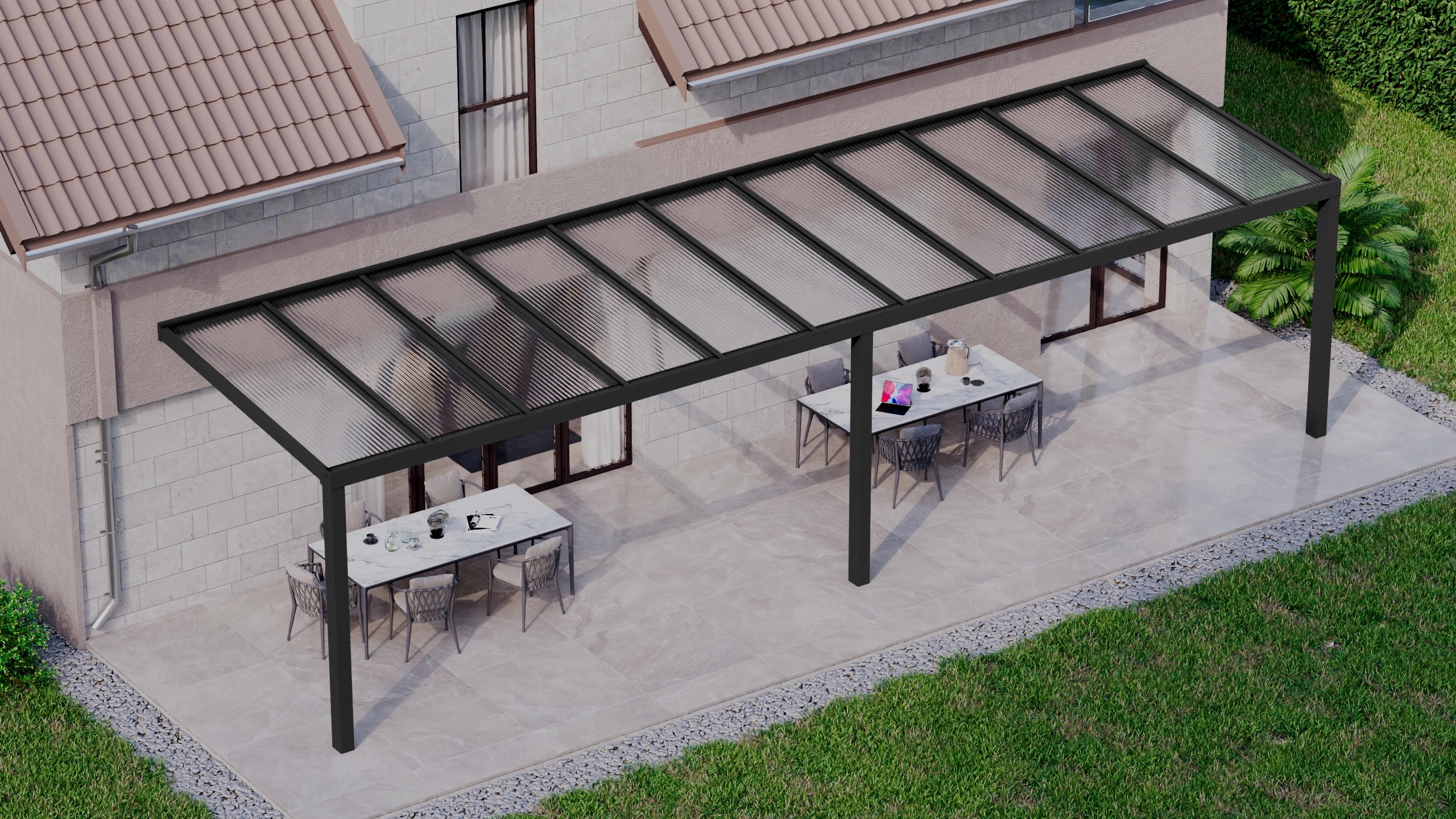 Terrasoverkapping 11,06m x 3m Zwart RAL 9005 met polycarbonaat 16mm
