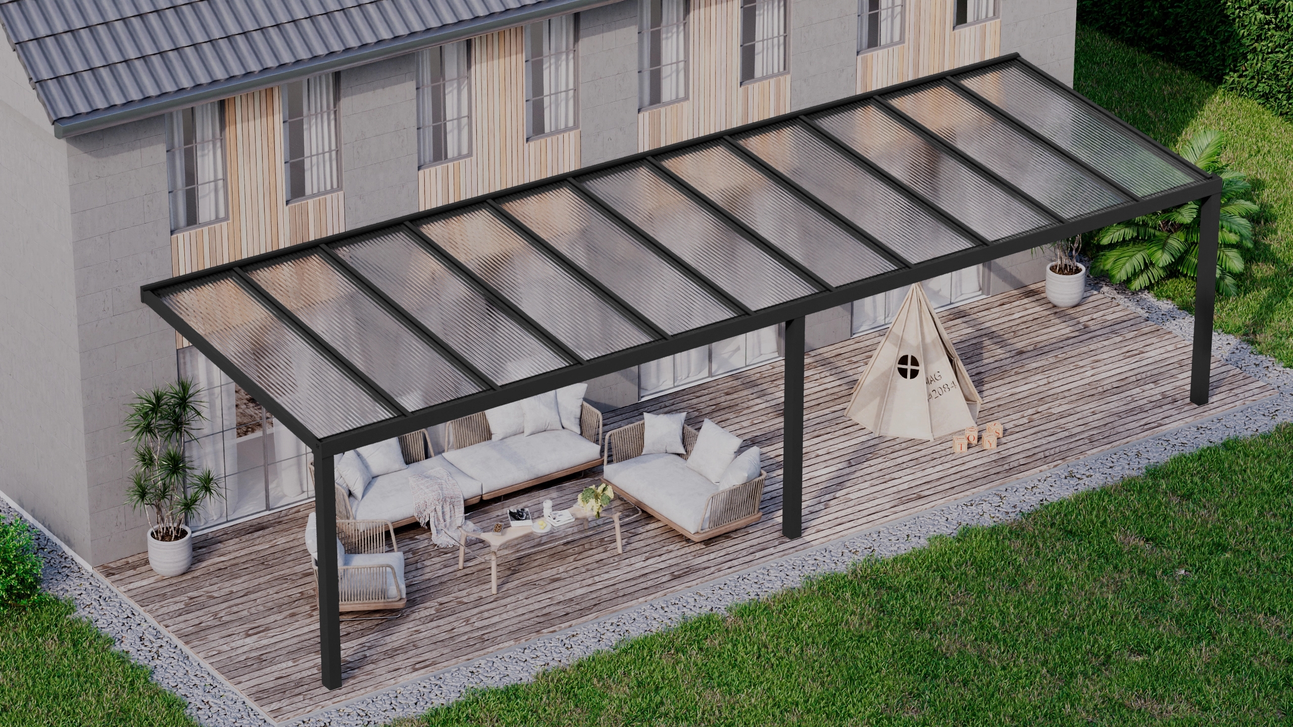 Terrasoverkapping 11,06m x 3,5m Zwart RAL 9005 met polycarbonaat 16mm